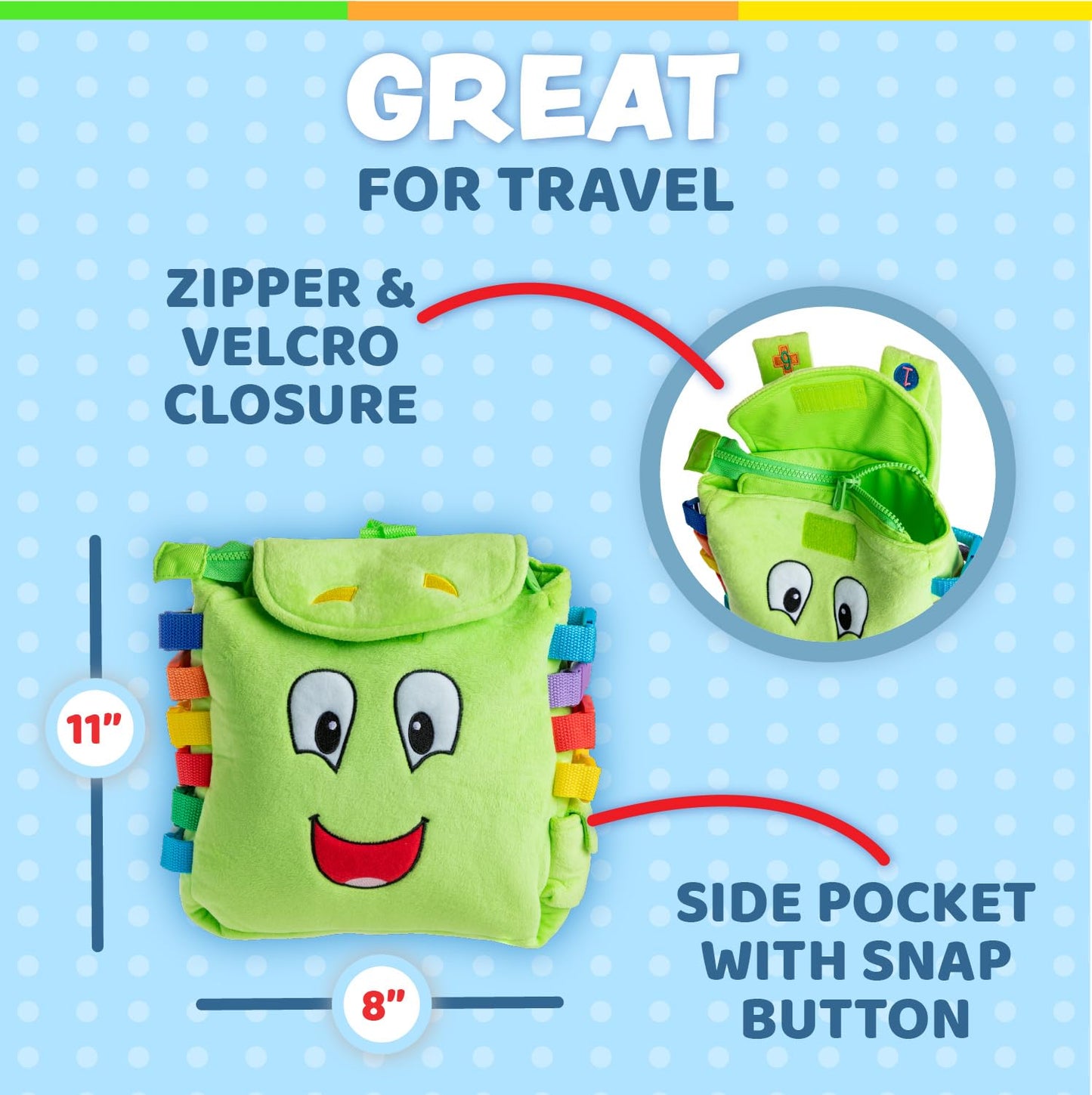 Buckle Toy - Buddy Activity Backpack - Educational Pre-K Learning Activity Toy - Zippered Pouch for Storage - Great Gift for Toddlers and Kids