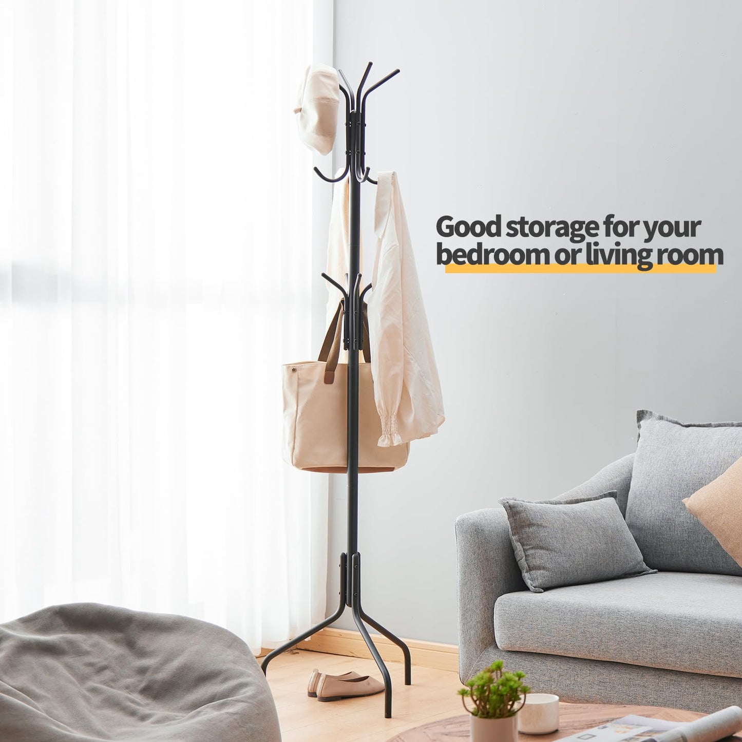 Furshus Coat Rack Freestanding,hat and coat rack stand for entryway,Living Room,Bedroom,Metal coat tree with12 Hooks and 3 Legs (Black)