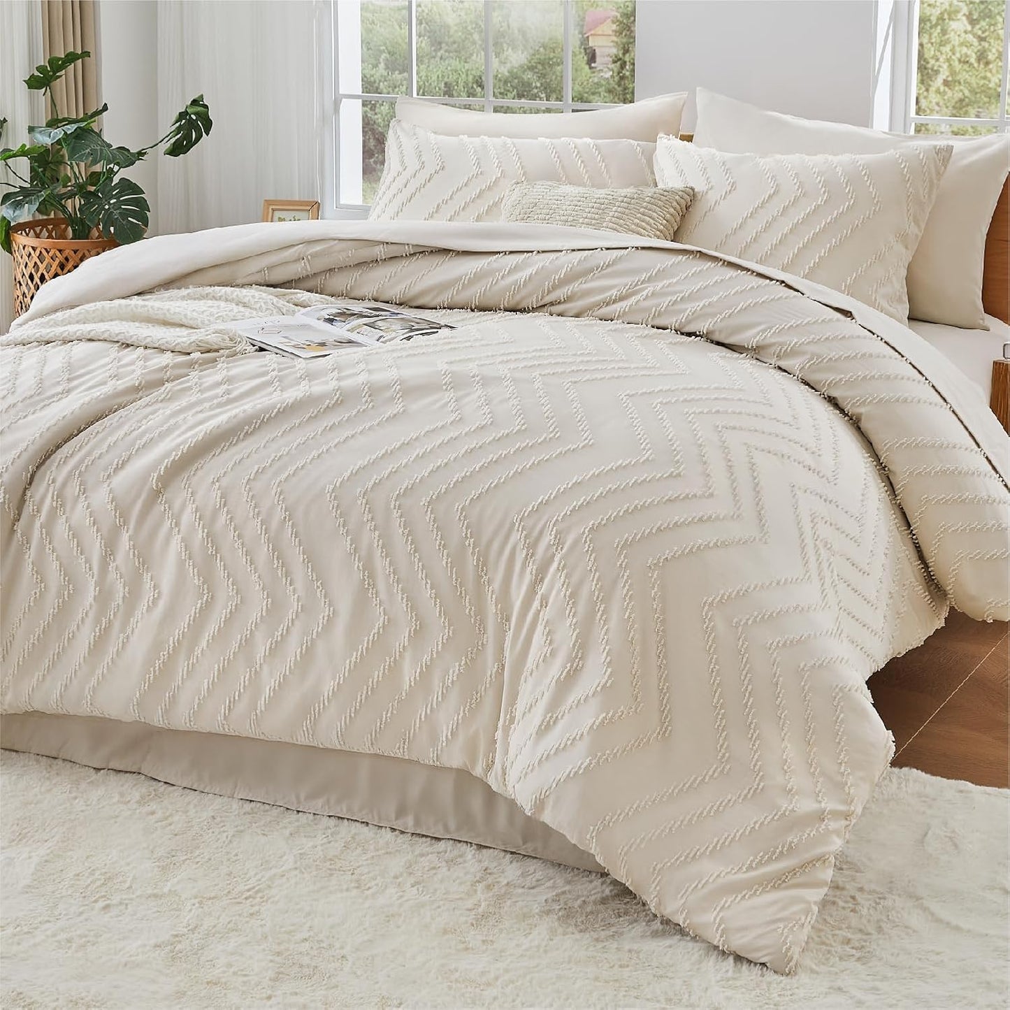 Andency Comforter Queen Size with Sheets Beige，7 Pieces Bed in a Bag Queen Cream Chevron Boho Soft Warm Tufted Neutral Bedding Sets with Comforter, Sheets, Pillowcases & Shams