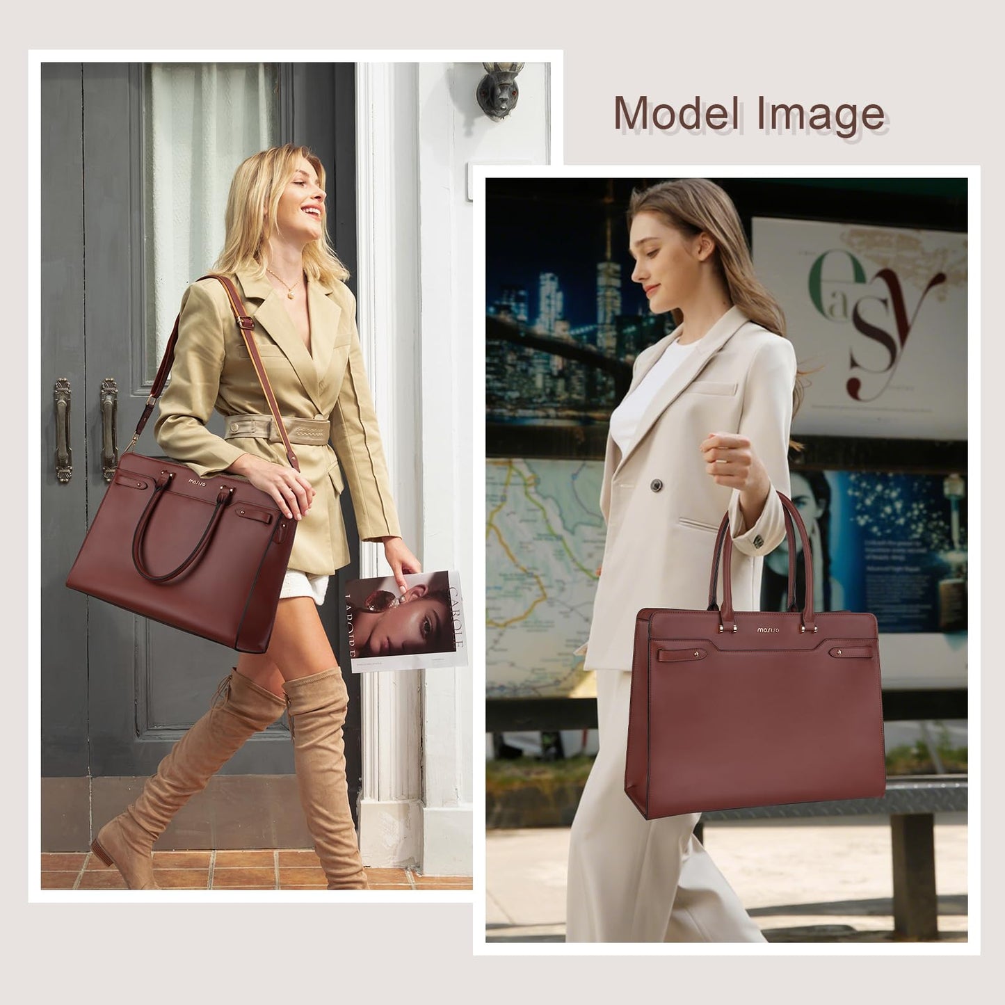 MOSISO Laptop Bag for Women, 15.6 inch Laptop Tote Bag, Waterproof Leather Front Magnetic Clasp Pocket Work Bag, Large Capacity Computer Briefcase Shoulder Bag for Teacher Office Travel, Brown