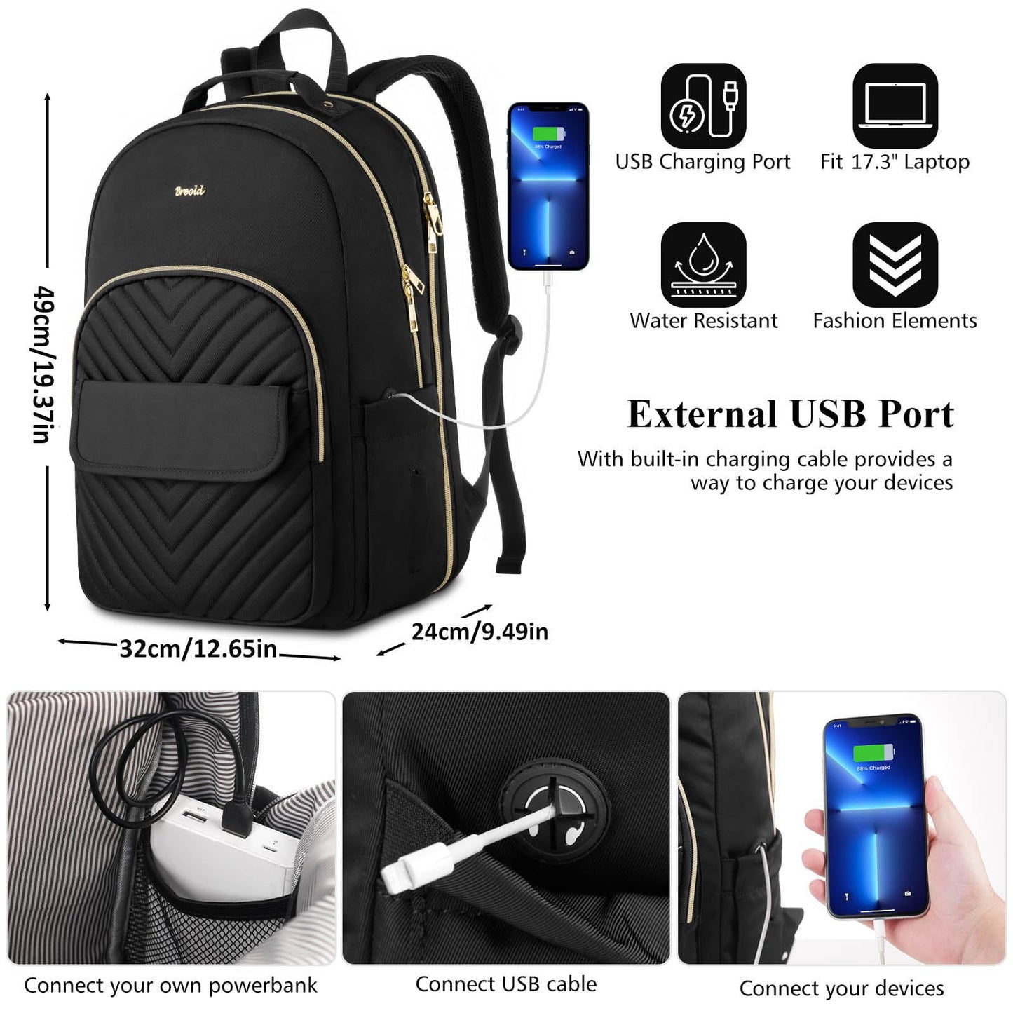 Black Backpack Women for 17.3" Laptop,School Bookbag for Teen Girls,Backpack for College Business Middle School,Mochila para Mujer Niña