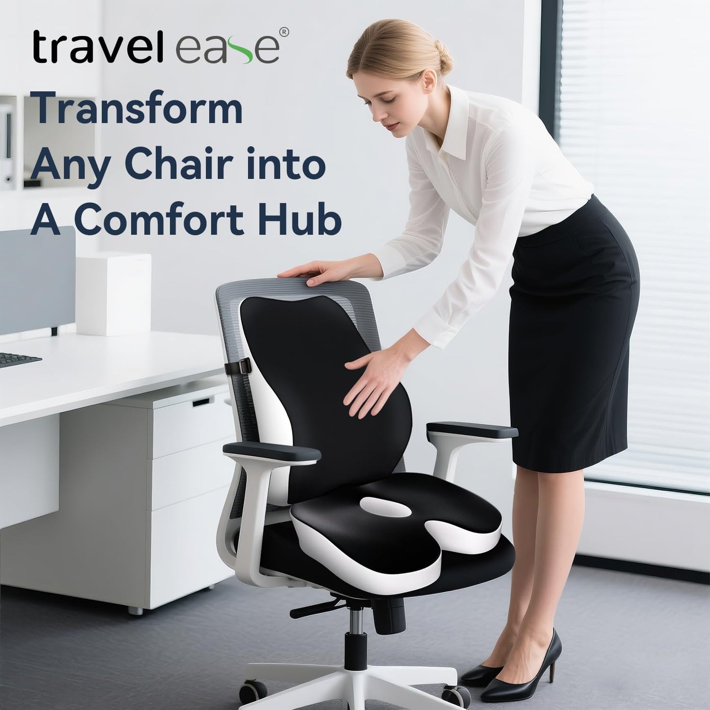 Travel Ease Memory Foam Seat Cushion & Lumbar Support Pillow Set, Ergonomic Comfort for Office Chair, Car Seat, Home Use & Travel, Chair Pad for Back and Butt Support, Black