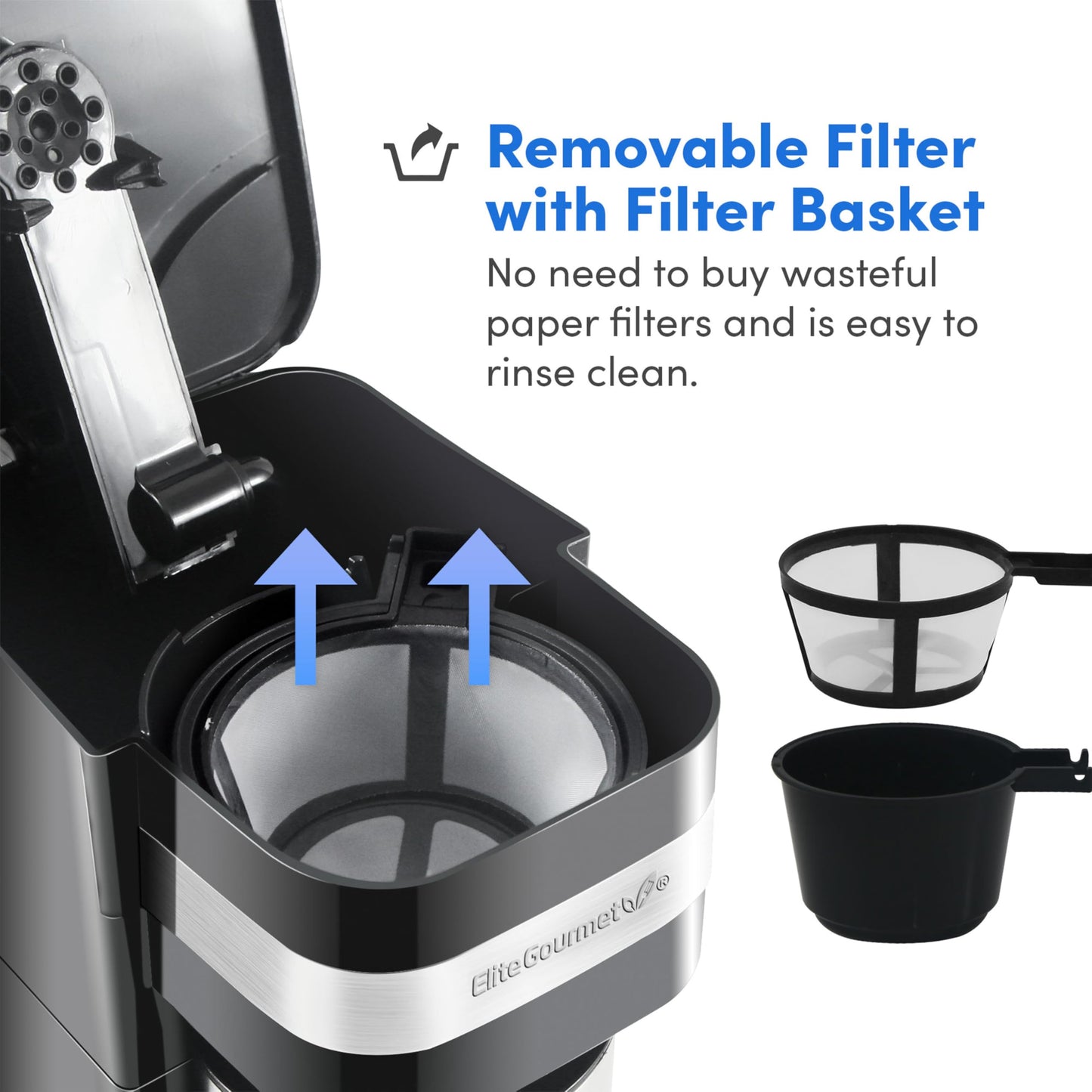 Elite Gourmet EHC111A Maxi-Matic Personal 14oz Single-Serve Compact Coffee Maker Brewer, Includes Stainless Steel Interior Thermal Travel Mug, Compatible with Coffee Grounds, ReCaable Filter, Black