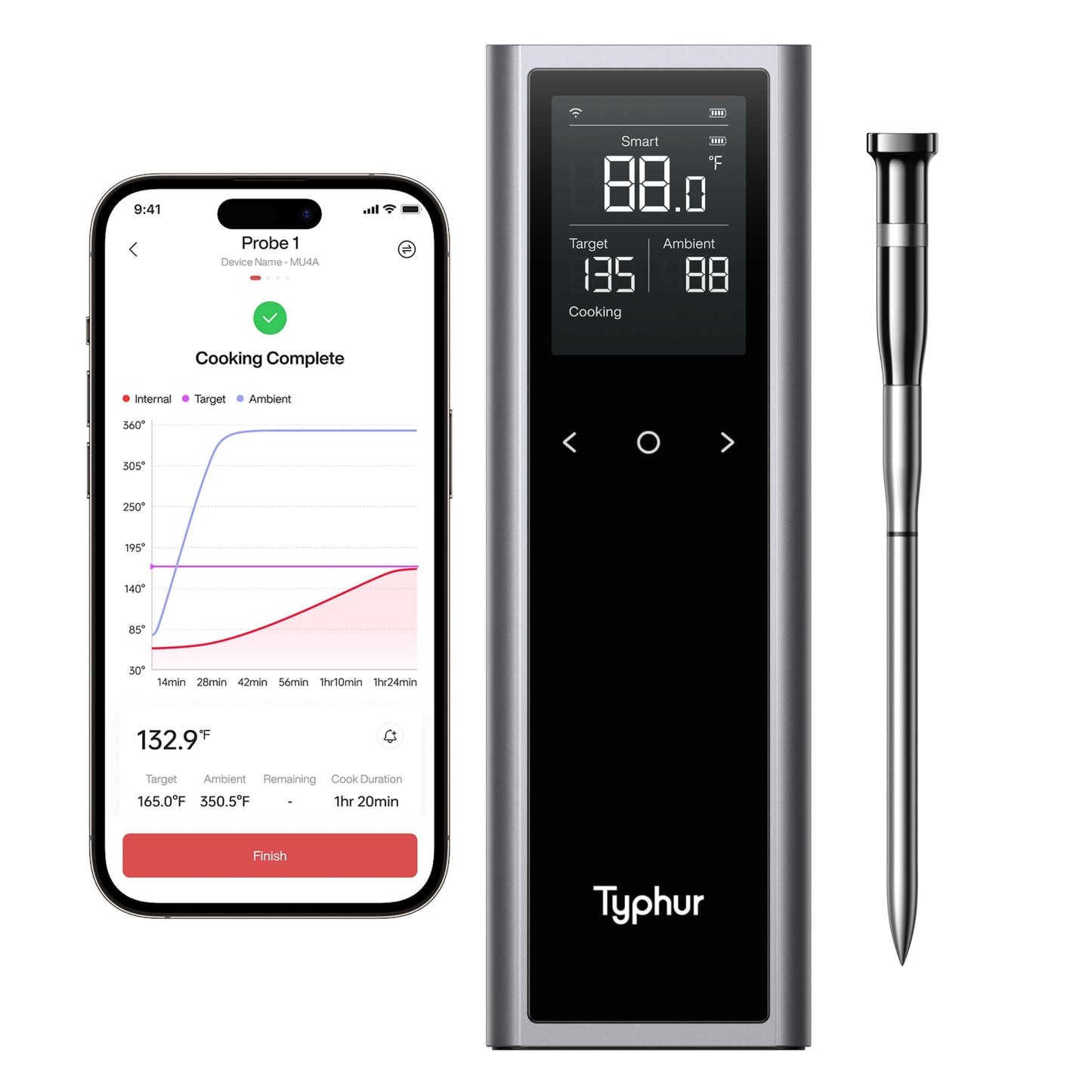 Typhur Sync One Meat Thermometer, Wireless Cooking with Base, WiFi & Bluetooth, Designed for Grilling and Baking Perfection