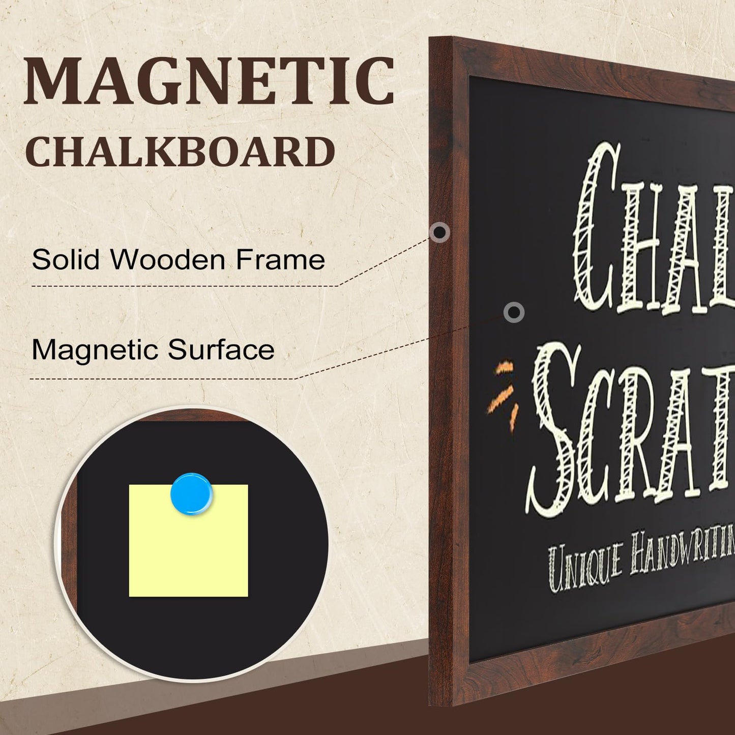 AMUSIGHT Chalk Board 36" x 24" Magnetic Chalkboard for Wall, Rustic Brown Framed Blackboard, Hanging Black Chalkboards for Home Décor, Restaurant & Café Menus, 4 Markers 8 Magnets