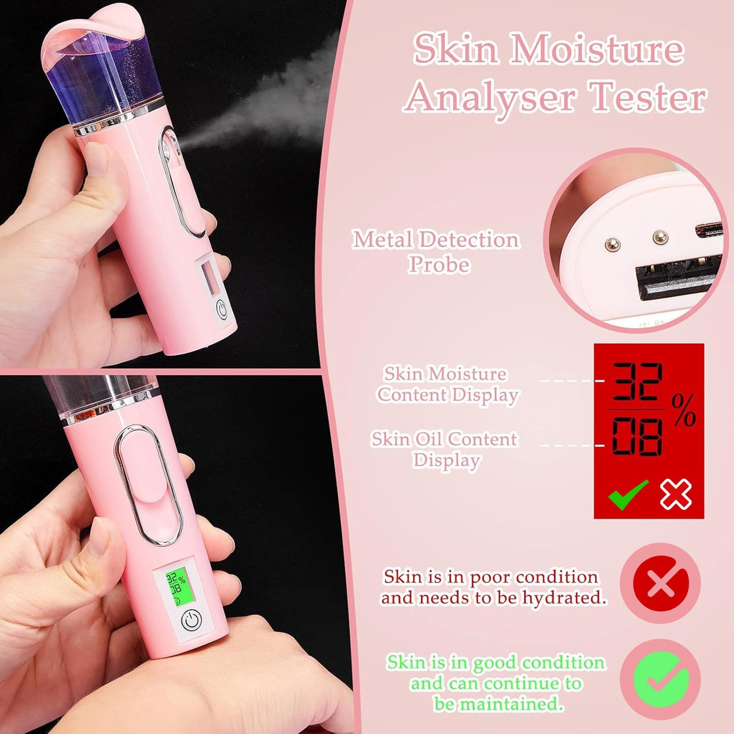 2 Pieces Handy Nano Mist Sprayer with Skin Analyzer Moisture Tester Portable Nano Facial Mister Face Steamer Atomization Mini Eyelash Extensions USB Rechargeable Moisturizing & Hydration for Skin Care