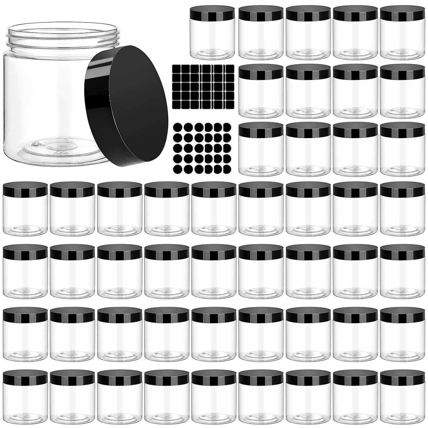 50 Pcs Plastic Jars with Black Lids, 4 oz Wide-Mouth Round Jars, Clear Cosmetic Container Jars, Leak-Proof Storage Containers for Kitchen Use Beauty Products and More