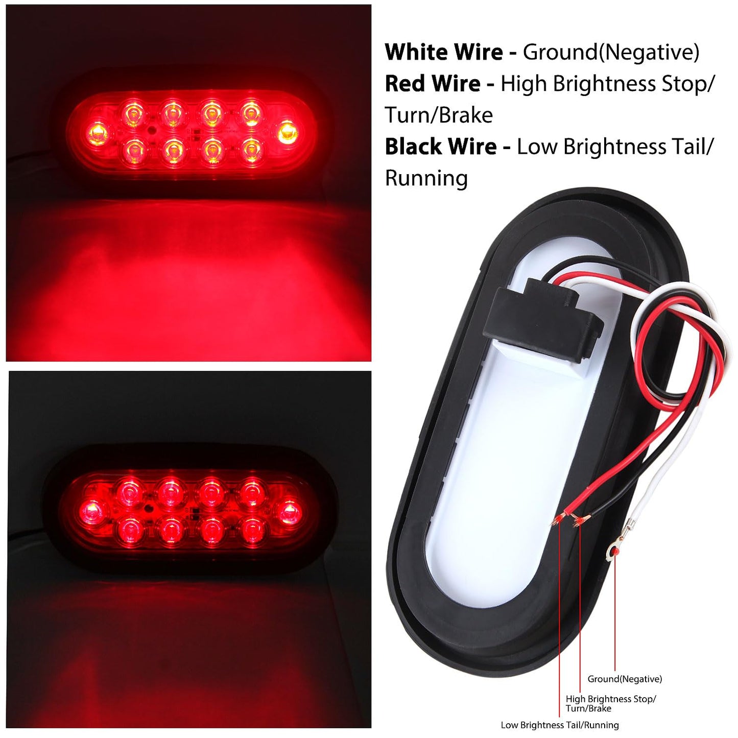 Konrali 4Pcs 6" Inch Oval Led Trailer Tail Lights w/Mounting Brackets, 6" Inch Oval Red Led Waterproof Stop Turn Tail Lights Brake Sealed Flush Grommet Mount w/3 Prong Wire Pigtails for RV Truck Boat
