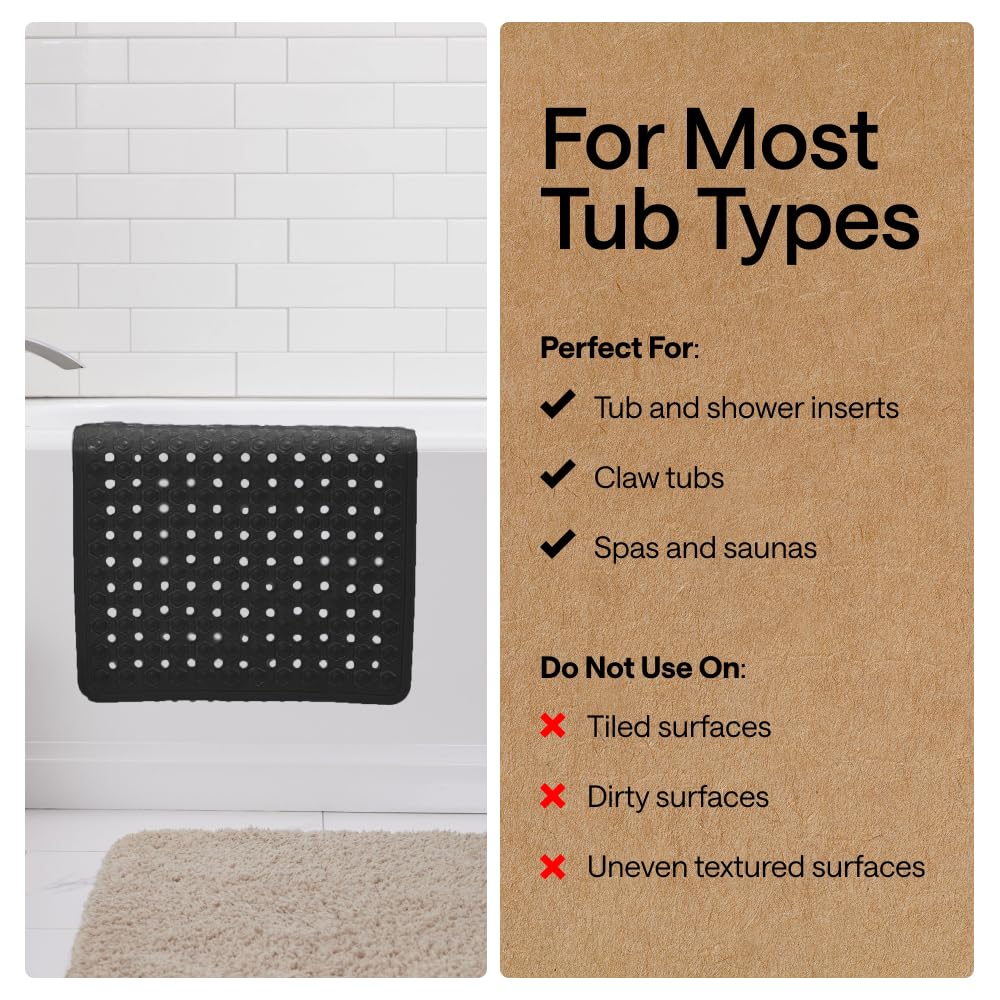 GORILLA GRIP Patented Bath Tub and Shower Mat, 35x16, Machine Washable, Extra Large Bathtub Mats with Drain Holes and Suction Cups to Keep Floor Clean, Soft on Feet, Bathroom Accessories, Black Opaque