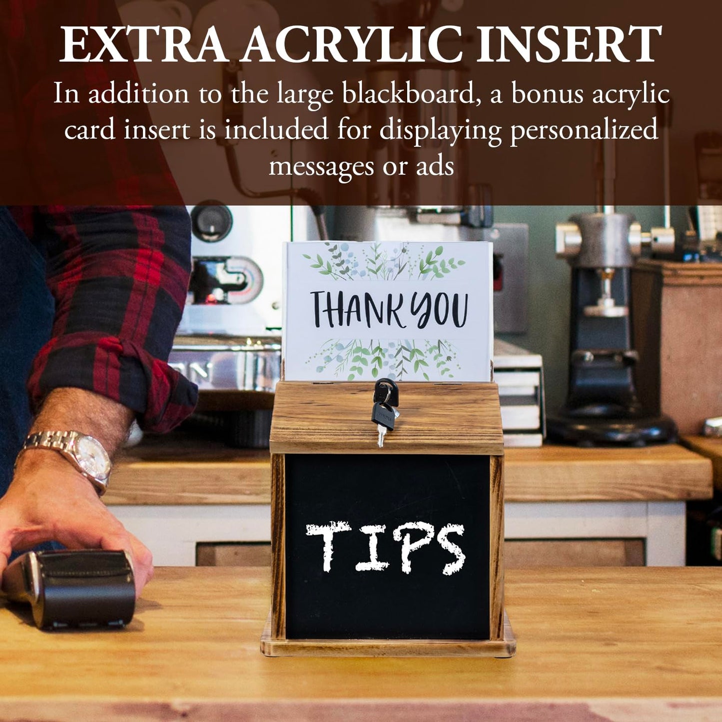 MyGift Tip Jar, Donation Box for Fundraising, Wood Suggestion Box with Lock and Key, Comment Ballot Raffle Box Wall Mountable, Clear Acrylic Sign Holder, Chalkboard Surface