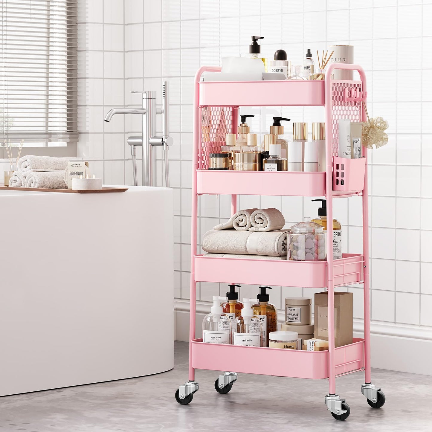 TOOLF 4 Tier Rolling Cart with Pegboard, Metal Storage Organizer Cart with Wheels, Hooks & Bins Esthetician Craft Art Sturdy Storage for Bathroom, Kitchen, Office, Nursery Diaper
