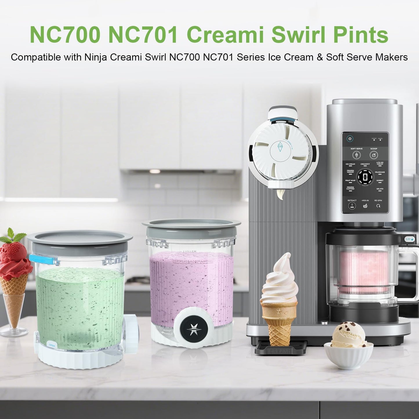 4 Pack Pint Containers Replacement for Ninja Swirl Ice Cream & Soft Serve Makers, 16oz Creami Swirl Pints and Lids Compatible with NC700 NC701 Series, BPA-Free & Dishwasher Safe (Color Lids)