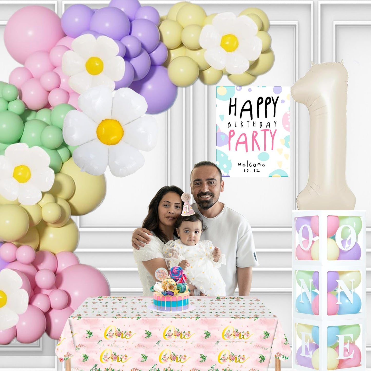 Daisy Pastel Balloon Garland Arch Kit 1st Birthday Decorations Girl White Groovy Wildflower Balloon Arch Kit First Birthday Party Decorations for Girl Baby Shower Flower Balloons Decor