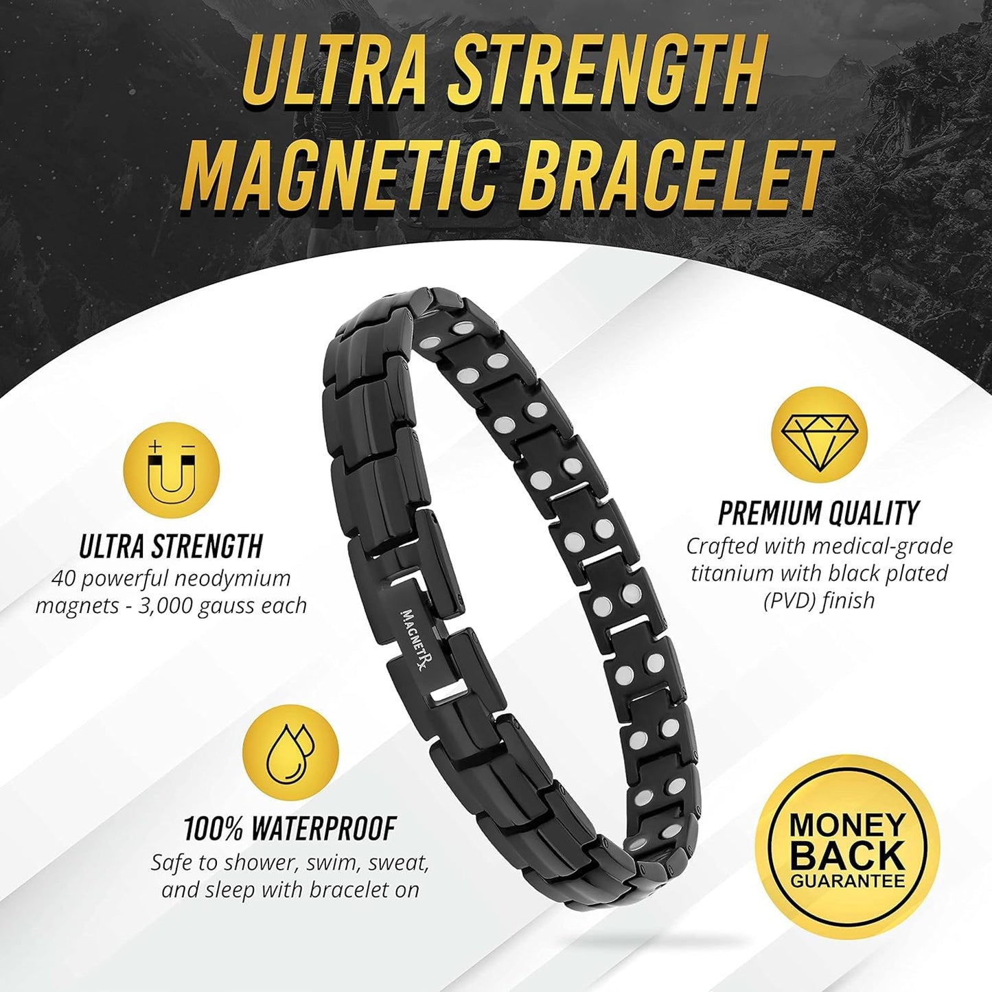 MagnetRX® Women's Ultra Strength Magnetic Bracelet - Effective Titanium Magnetic Bracelets for Women - Adjustable Bracelet Length with Sizing Tool for Perfect Fit (Black)