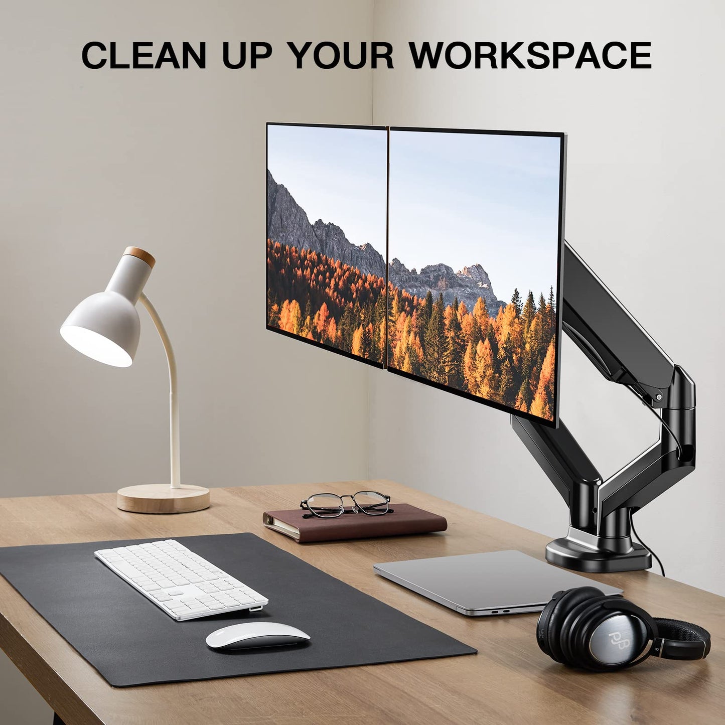 HUANUO Dual Arm Monitor Stand——Adjustable Gaming Desk Mount for 13"-30" Screens, VESA Bracket with C Clamp/Grommet Base, Supports Up to 19.8lbs per Arm