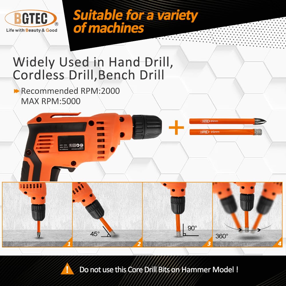 BGTEC Dry Diamond Drill Bits Set - 5pcs 1/4" Tile Drill Bits and 5pcs 1/4" Carbide Drill for Granite Marble Porcelain Ceramic
