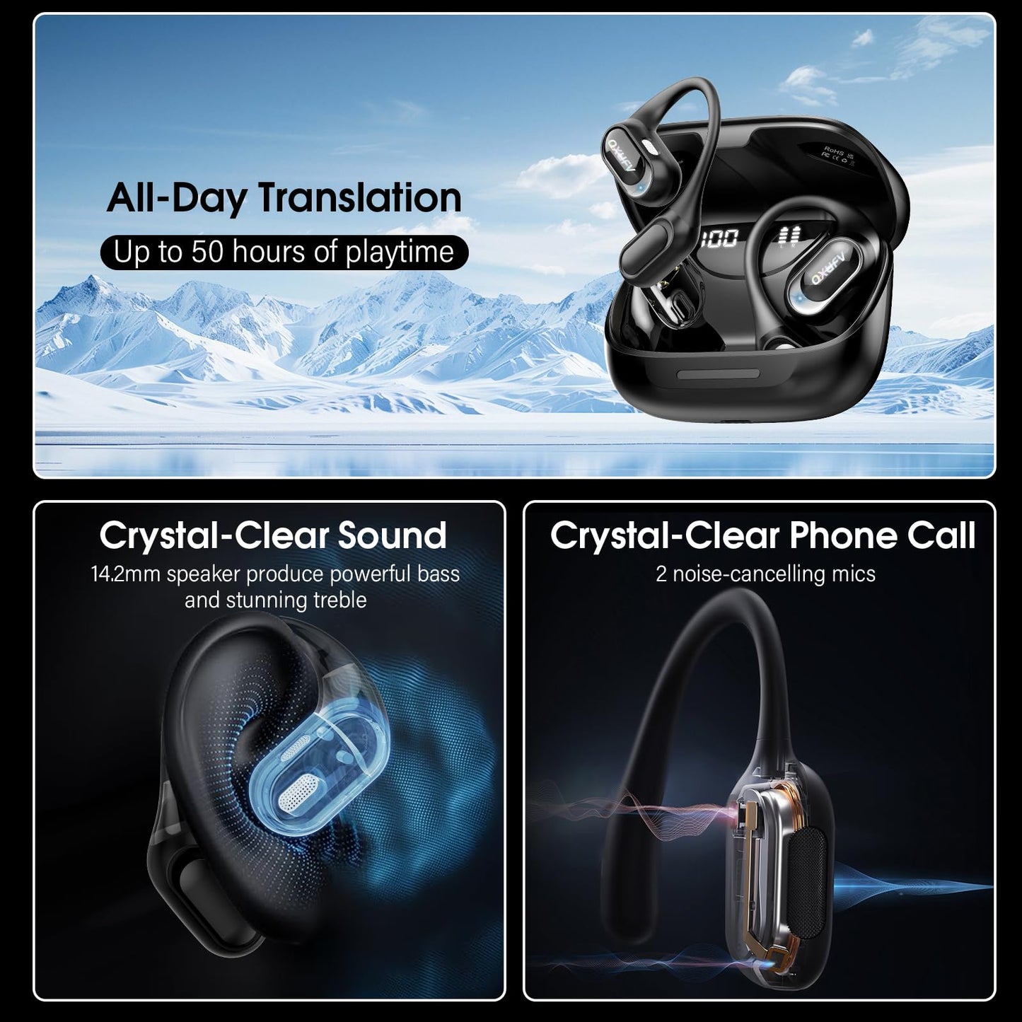 Ai Translation Earbuds Real Time with Audio and Video Calls, 3-in-1 Buletooth 5.4 Translator Earbuds with 6 Translation Modes/164 Languages/No Subscription Required (Onyx Black)