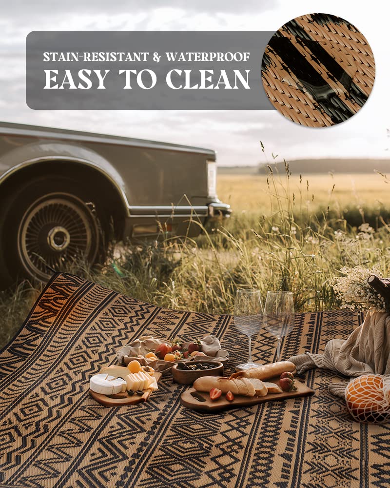 MontVoo-Outdoor Rug 8x10ft Waterproof Outdoor Carpet Patio RV Camping Rug-Outdoor Area Rug Mat for Portable Boho Rugs Deck Picnic Backyard Porch Beach Black Brown