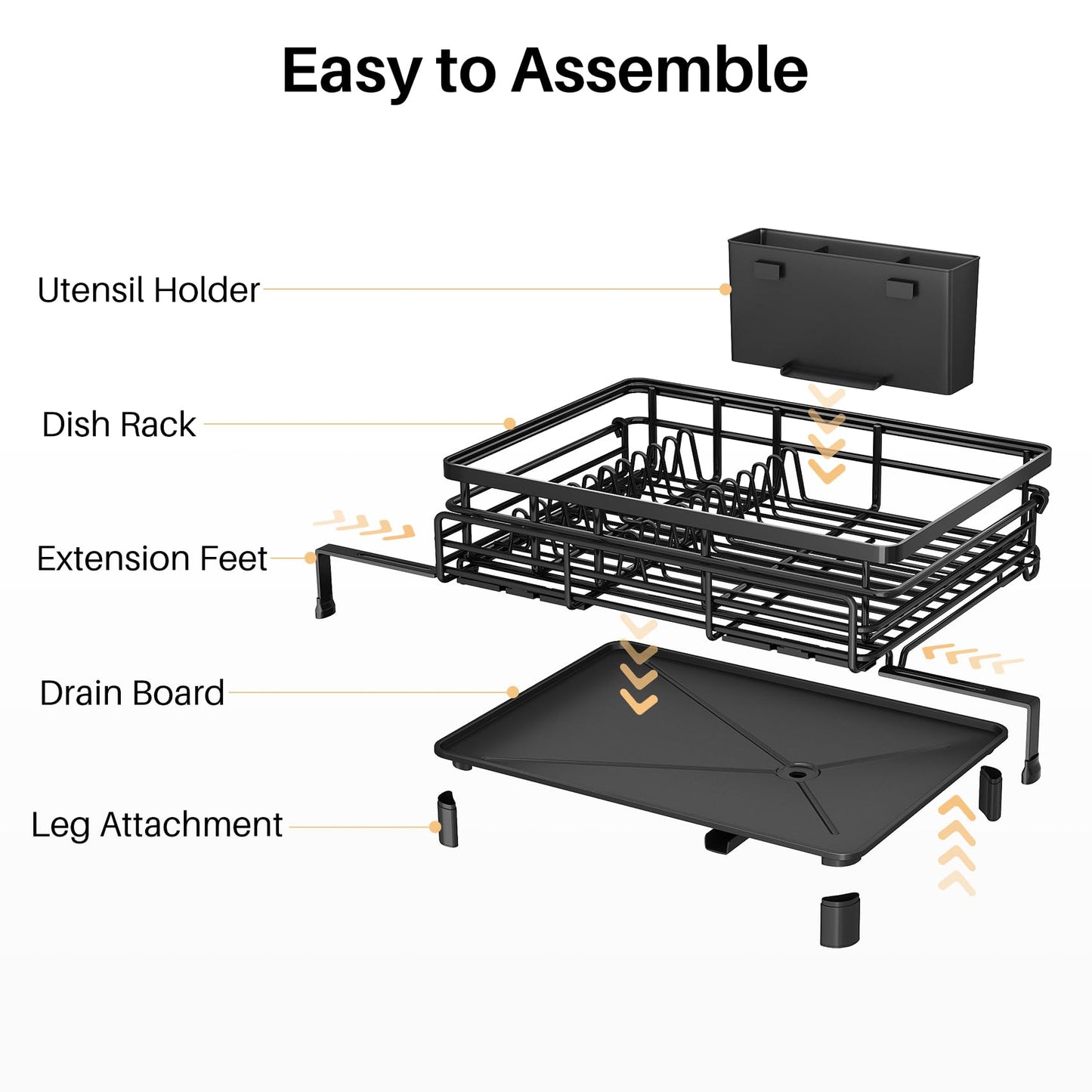 Dish Rack - Extendable Dish Rack, Large Sink Drying Rack for Countertop, Stainless Steel Dish Strainer with Utensil Holder (Black)