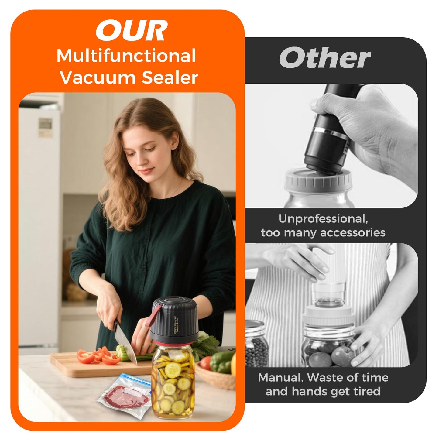 Electric Mason Jar Vacuum Sealer, Upgraded 3-in-1 Portable Vacuum Sealer Kit - for Mason Jars, Vacuum Seal Bags & Containers - Ideal for Canning Jams, Pickles, Dry Foods & Grains-Inky Black