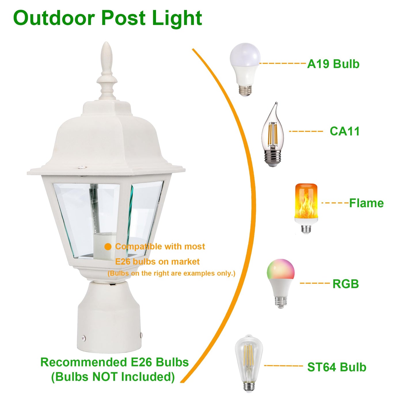 LIT-PaTH Outdoor Post Lighting Fixture Pole Lantern, E26 Medium Base Max 60W, Aluminum Housing Plus Clear Glass, Bulb Not Included, Matte White Finish, 1-Pack