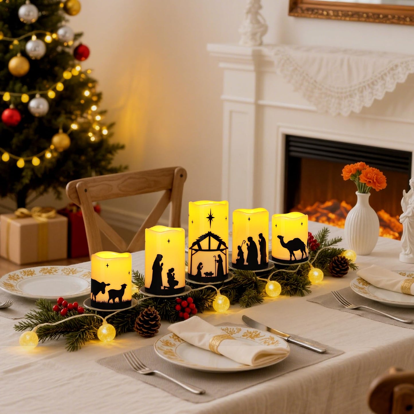 Christmas Decorations Indoor Outdoor - Nativity Set, Nativity Scene Candles with Remote Timer, Holiday Home Table Mantel Decor Centerpieces, Religious Gifts for Christians women, Flameless, Waterproof