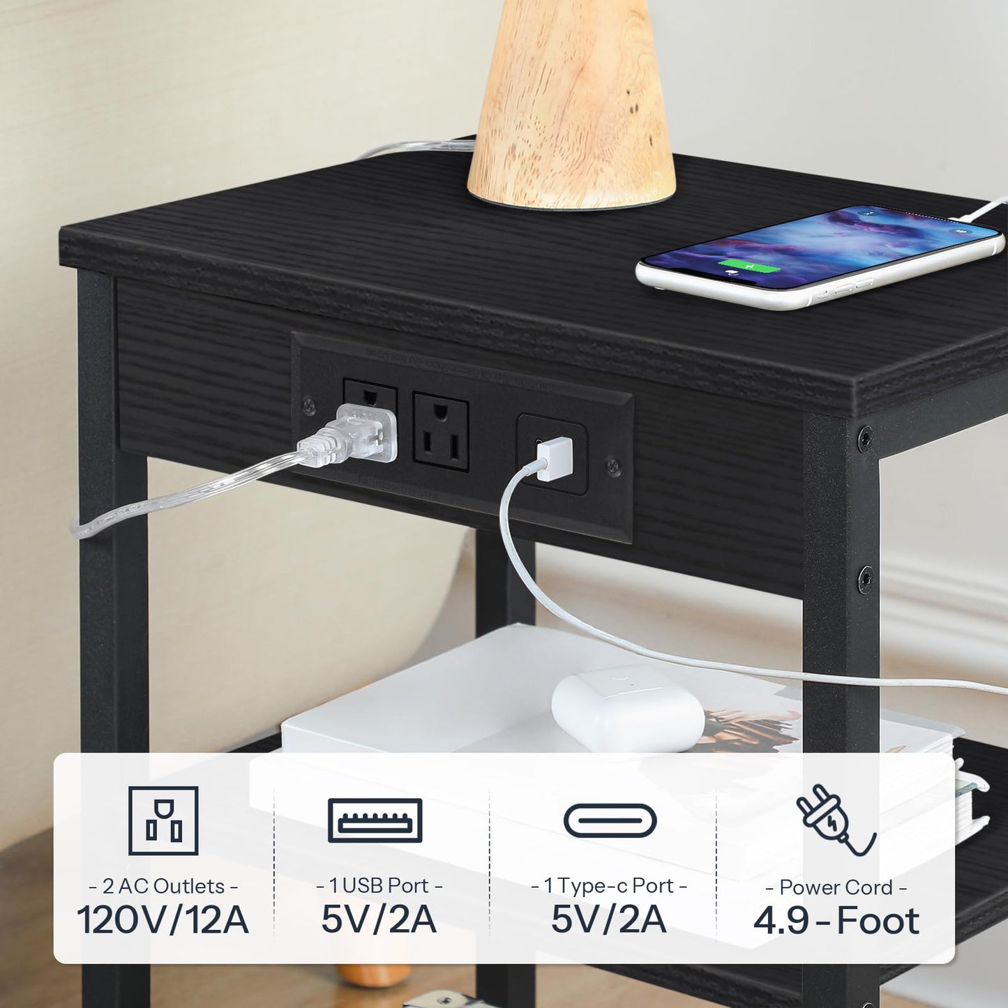 HOOBRO End Table with Charging Station and USB Ports, 3-Tier Nightstand with Adjustable Shelves, Narrow Side Table for Small Space in Living Room, Bedroom and Balcony, Black BB112BZ01