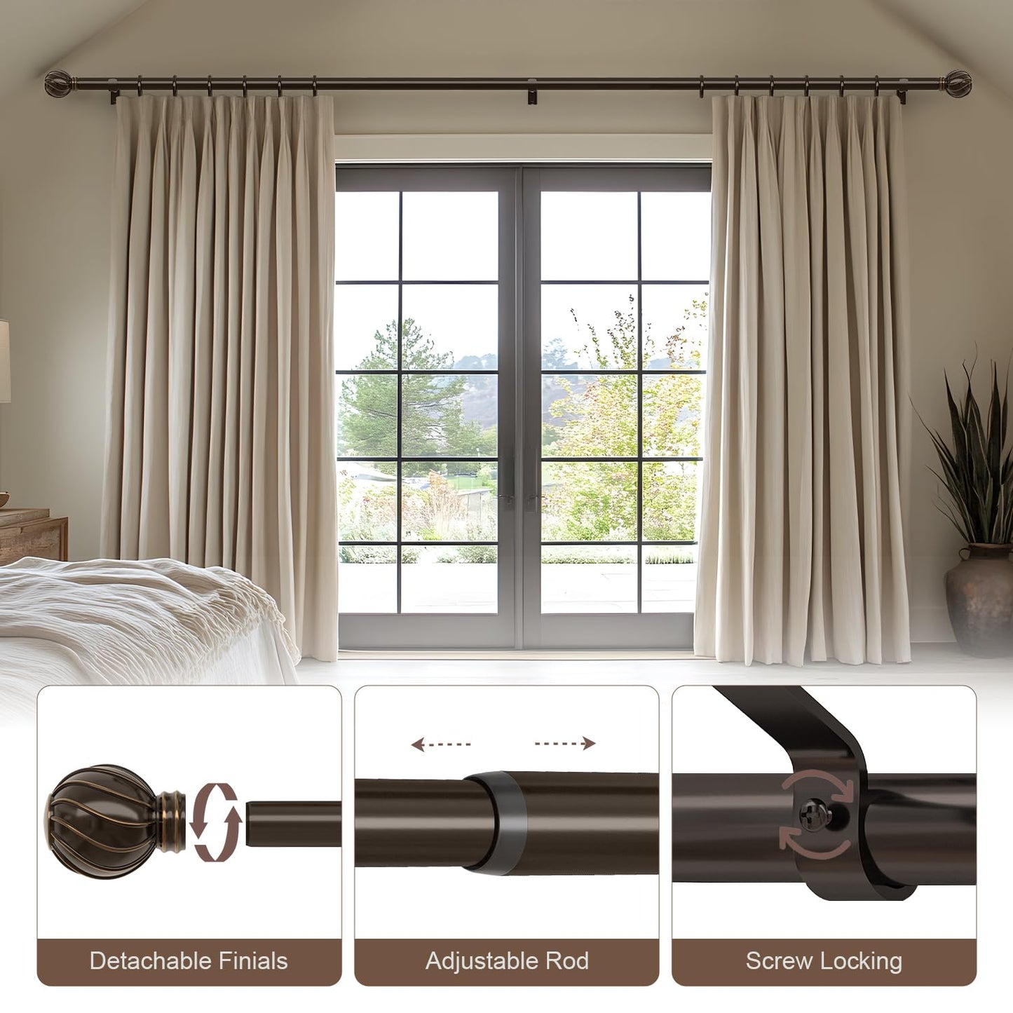 Brown Curtain Rods for Windows 48 to 84 Inches Adjustable Length Heavy Duty 7/8" Diameter Window Curtain Rod with Decorative Finials for Outdoor Farmhouse Bedroom Kitchen Living Room