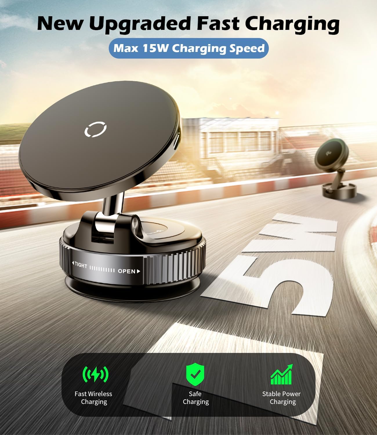 ALAFLY 15W Fast Charger Car Phone Holder Mount, Wireless Magnetic Holder with Strong Vacuum Suction, 360° Adjustable Foldable Car Mount with MagSafe for Dashboard/Windshield for iPhone 17/16/15/14/13