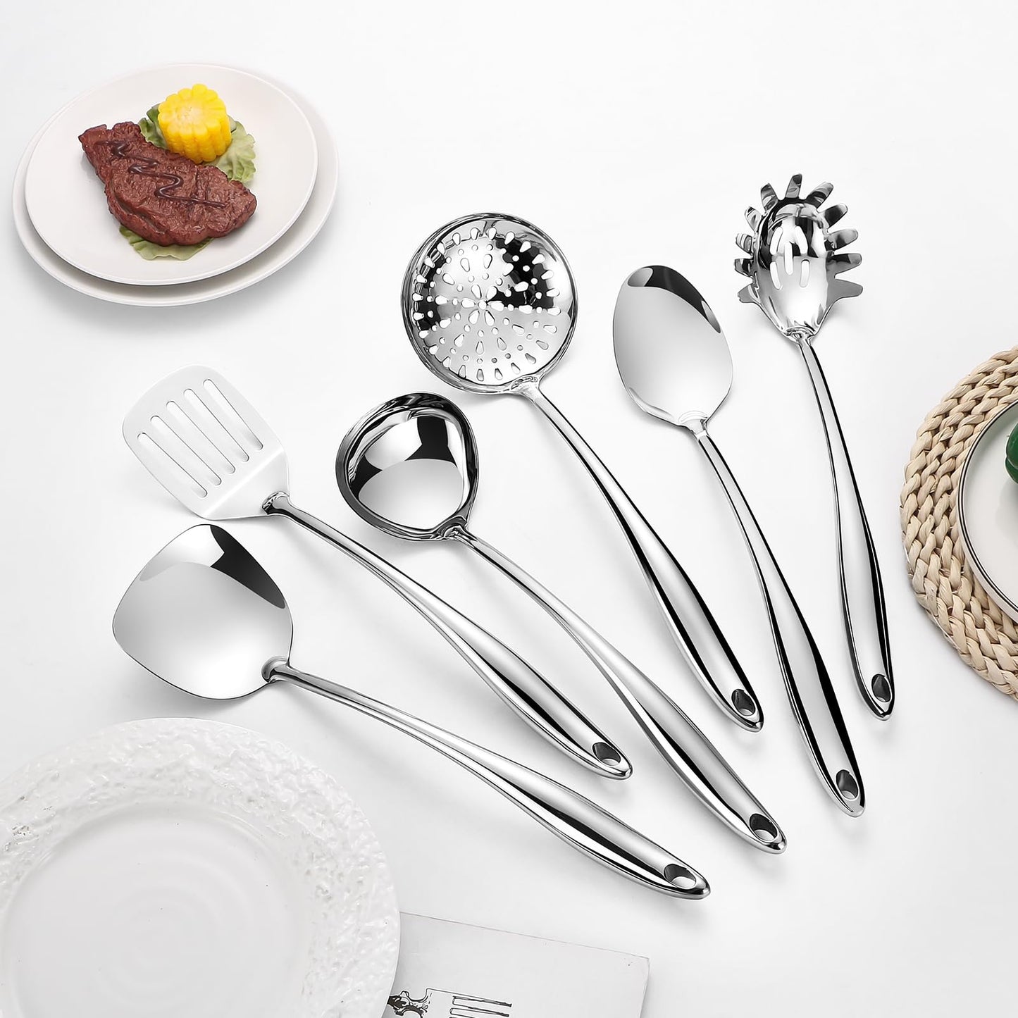 Kitchen Utensil Set, 304 Stainless Steel 6 Pcs Cooking Utensils Set with Spatula, Solid Spoon, Ladle, Skimmer, Spaghetti Spoon,Dishwasher Safe