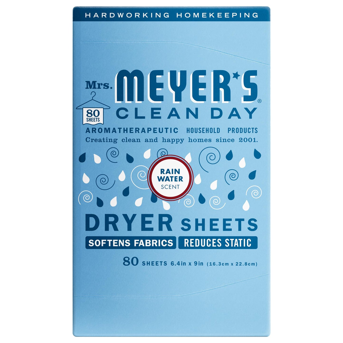 MRS. MEYER'S CLEAN DAY Dryer Sheets, Fabric Softener, Reduces Static, Infused with Essential Oils, Rain Water Scent, 80 Count