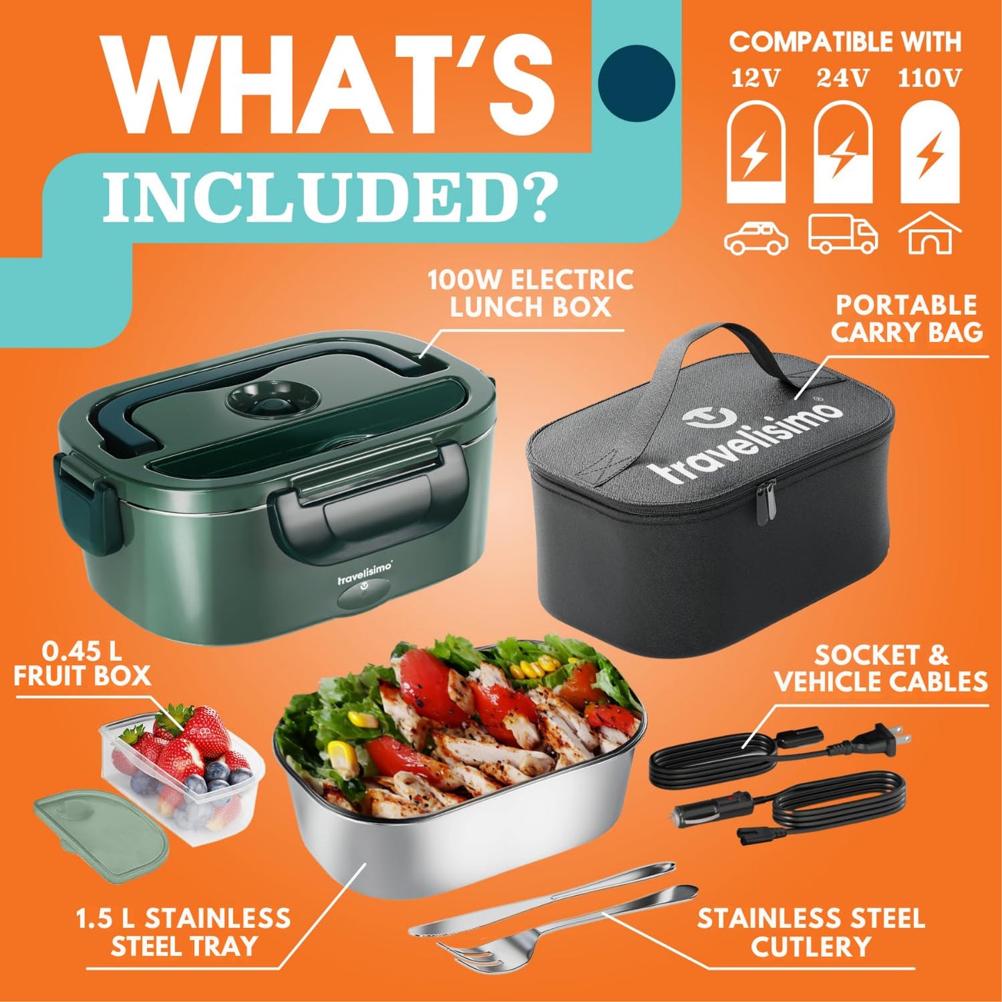 TRAVELISIMO Electric Lunch Box Food Heater, 100W 1.5L Portable Microwave 12V/24V/110V Heated Lunch Box for Men & Women, Stainless Steel Portable Food Warmer Lunch Box for Car/Truck/Office
