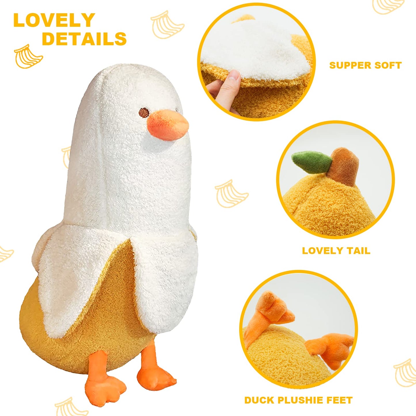 PEACHCAT Banana Duck Plush Toy Cute Plushie Hugging Plush Pillow Duck Stuffed Animal for Girls and Boys White 35.4"