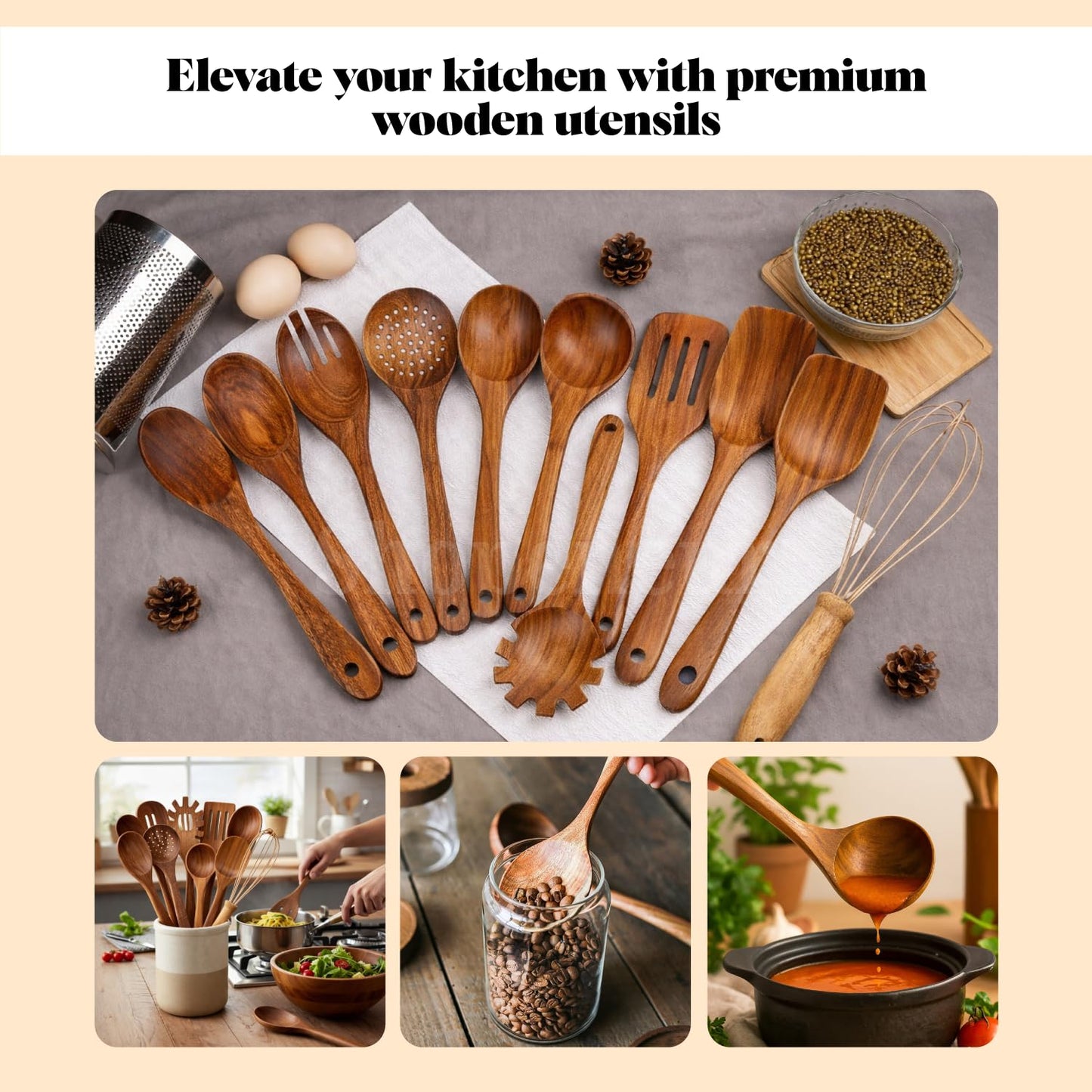 Wooden Spoons, 10 pcs Wooden Utensils for Cooking, Teak Wooden Spoon Set, Non-Toxic, Lightweight & Heat Resistant for Nonstick Pans & Cookware with Holder, Spoon Rest & Hooks.