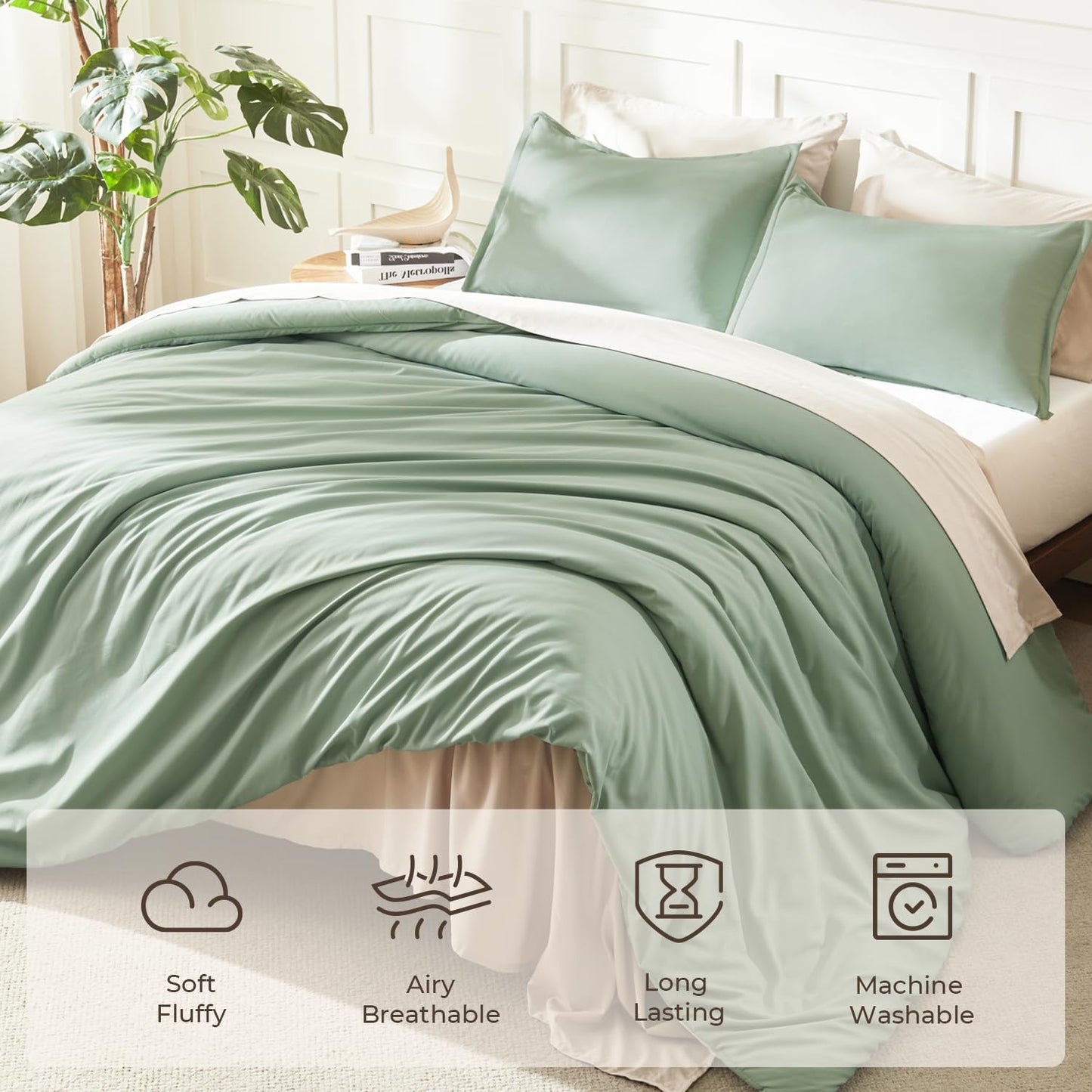 Litanika Queen Comforter Set Sage Green, 3 Pieces Lightweight Comforters Queen Size Solid Bedding Comforters Sets, Down Alternative Comforter Bed Set Quilt Blanket