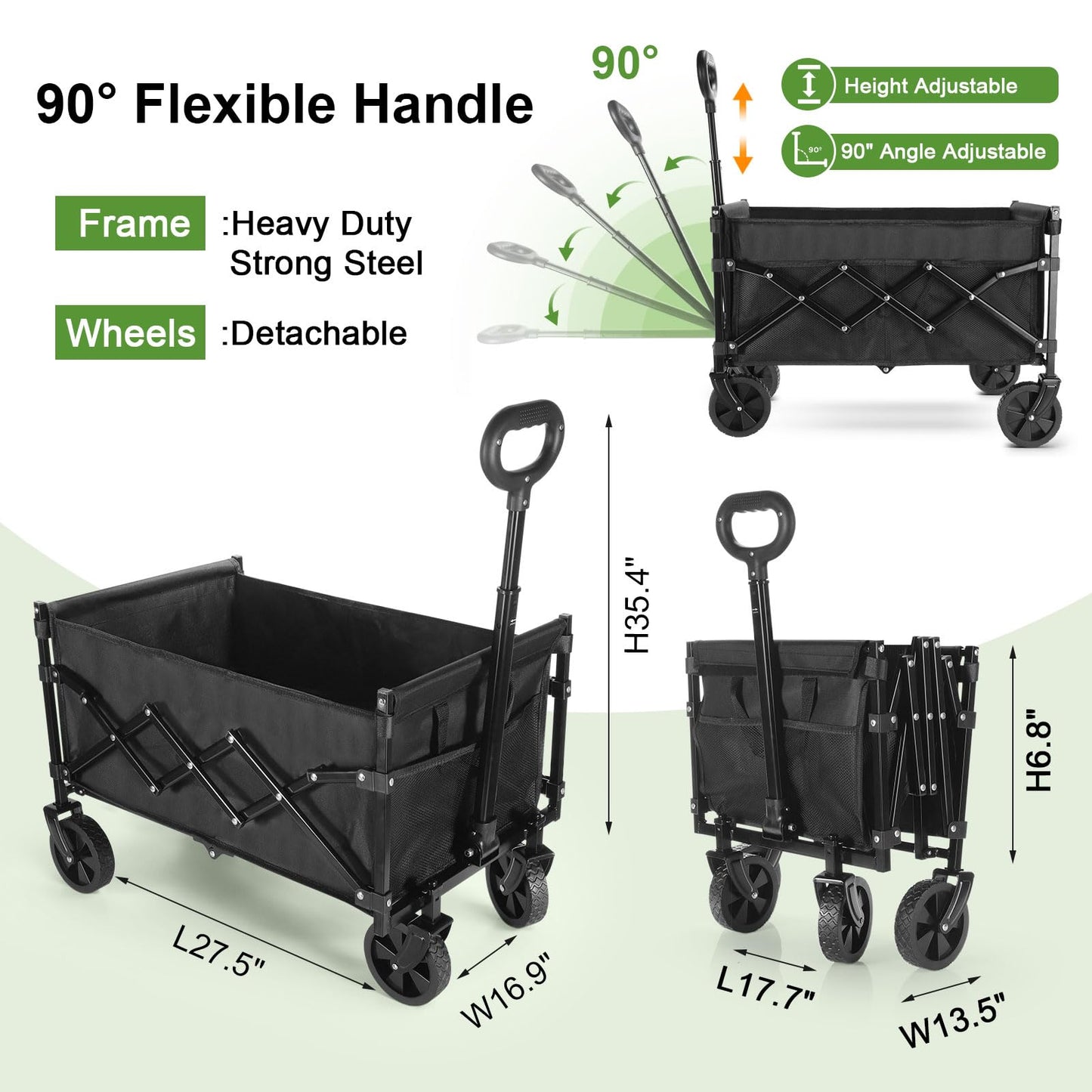 cjc 220LBS Folding Wagon Cart, Heavy-Duty Wagon Carts Foldable with 360° All Terrain Wheels, Large Capacity Outdoor Utility Collapsible Wagon for Camping Grocery Beach Garden 27.5" x 16.9" x 35.4"
