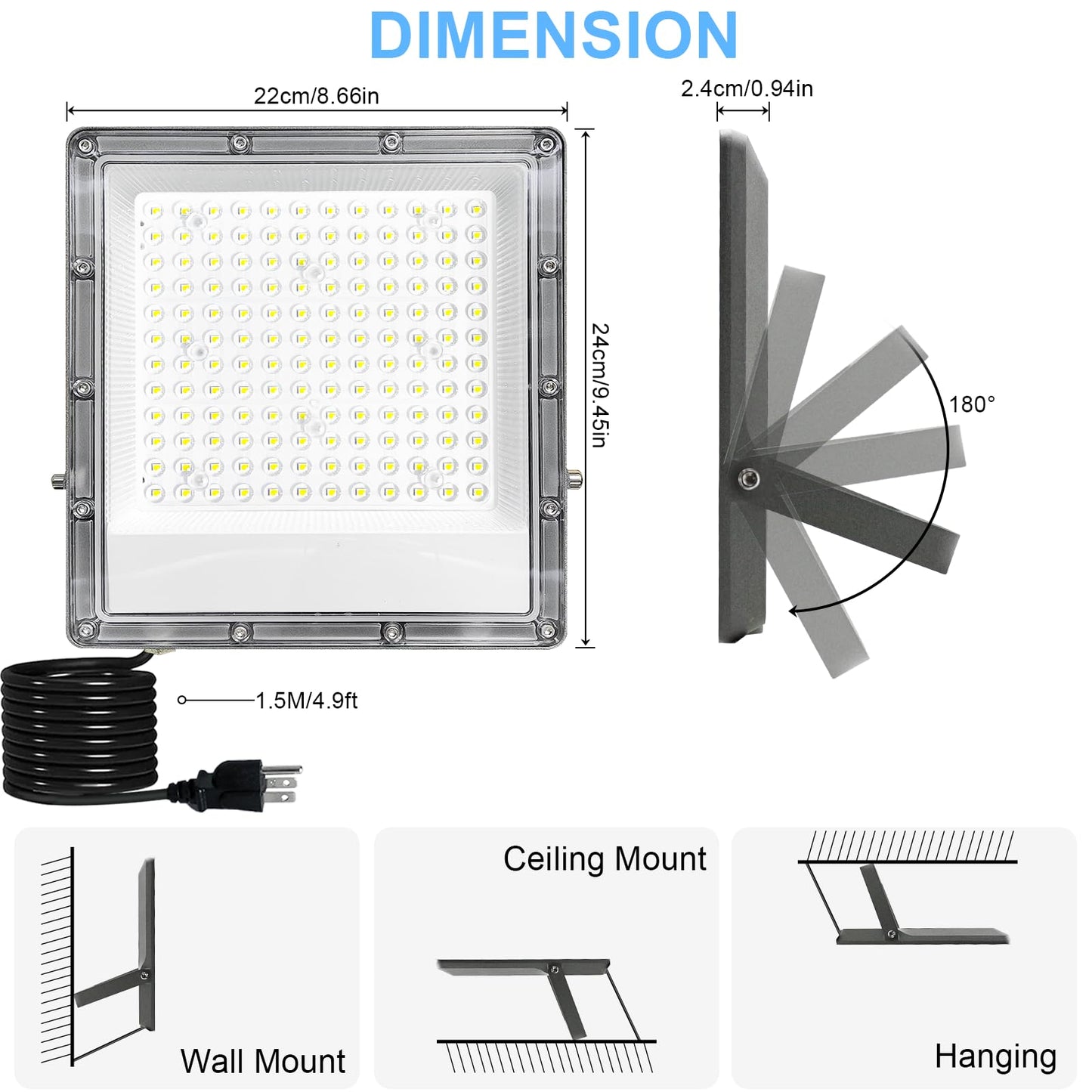 1 Pack 300W LED Flood Light Outdoor, Exterior Flood Lights, Outdoor Flood Lights, Plug in Flood Light, for Yard, Garden, Playground, Lawn, Garages,Basketball Court, Stadium