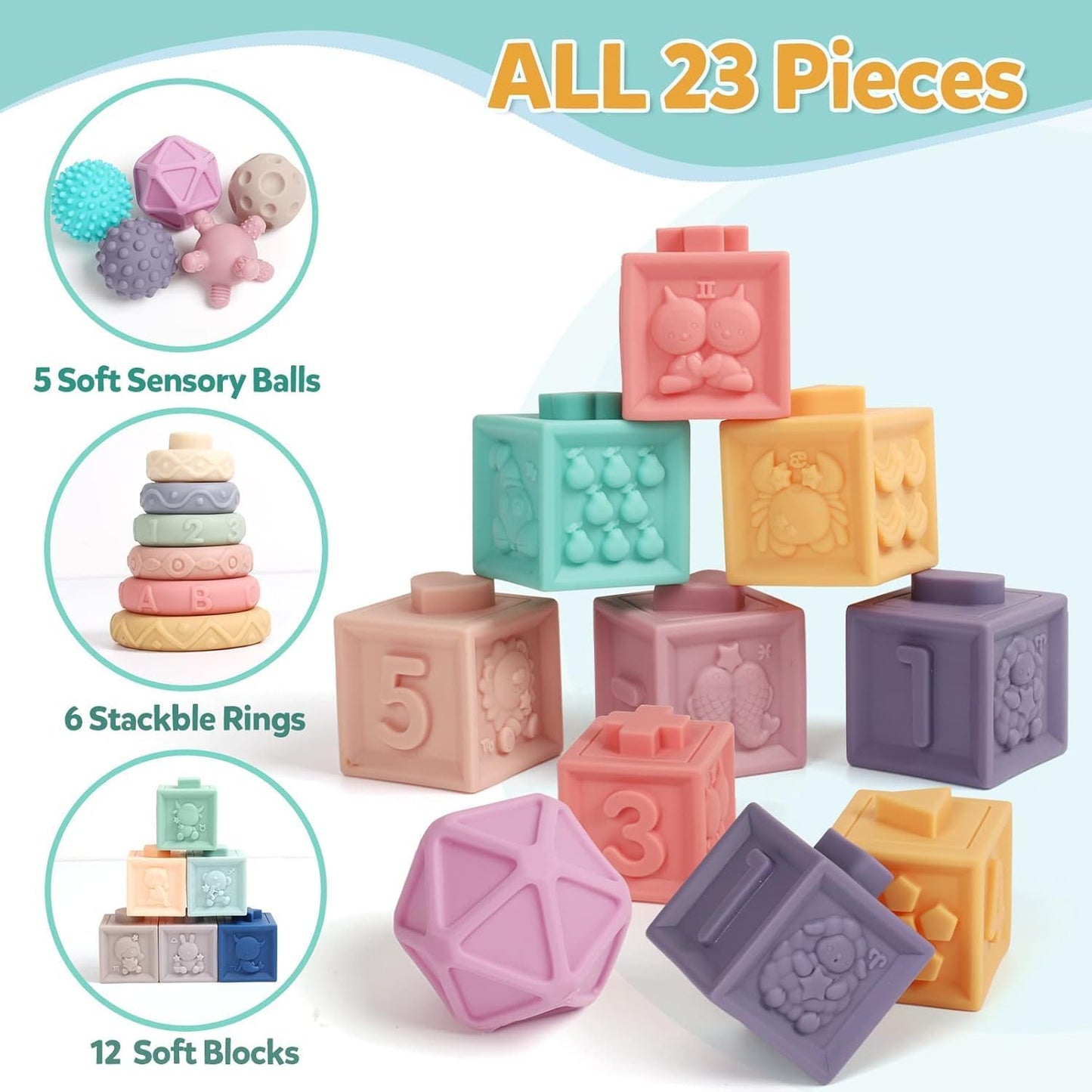 Montessori Baby Blocks – Soft Sensory Stacking Toys for Infants 6-12 Months, Educational Building Blocks for Toddlers 1-3, Non-Toxic Bath & Teething Toys (24-Piece Set)