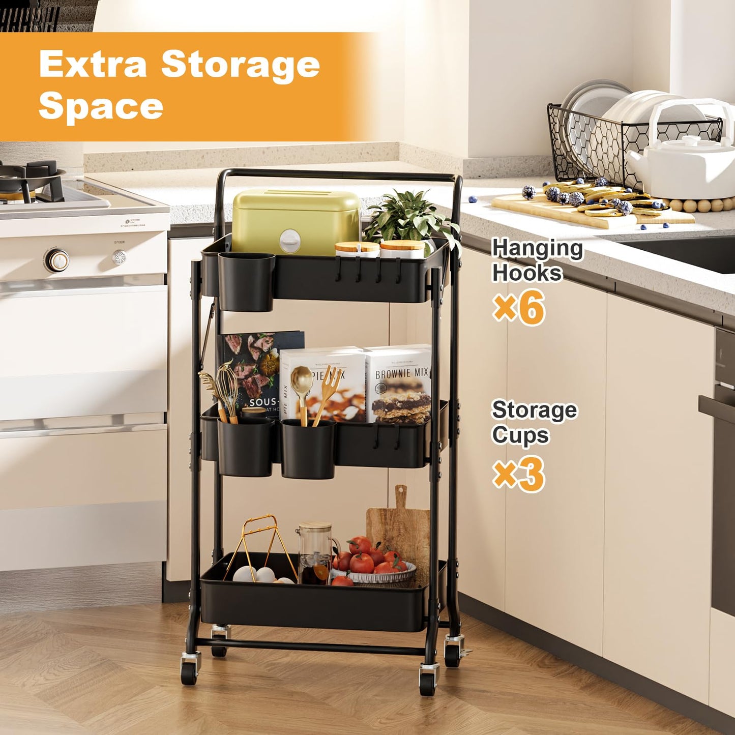 Amatic 3-Tier Folding Rolling Utility Cart with Wheels, Foldable Storage Cart Organizer with 3 Hanging Cups & 6 Hooks for Kitchen, Office, Living Room, Nursery(Black)
