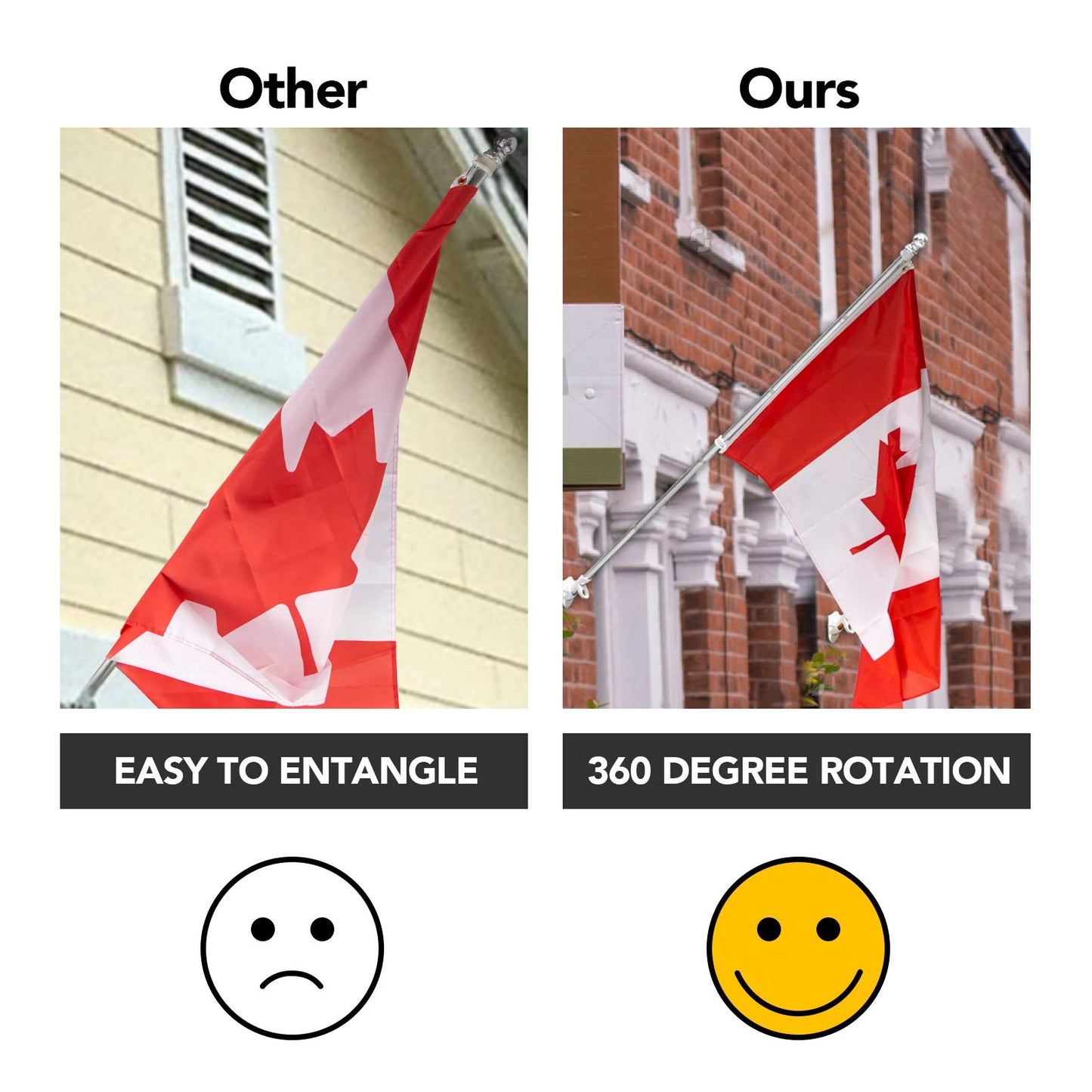 Yeesun Flag Pole,6FT Canada Flagpole with Mounting Bracket and 3’ x 5’ Canada Flag for House Porch & Outdoor Use,360° Tangle Resistant Technology and Wall Mount Flag Pole Kit (Silver)