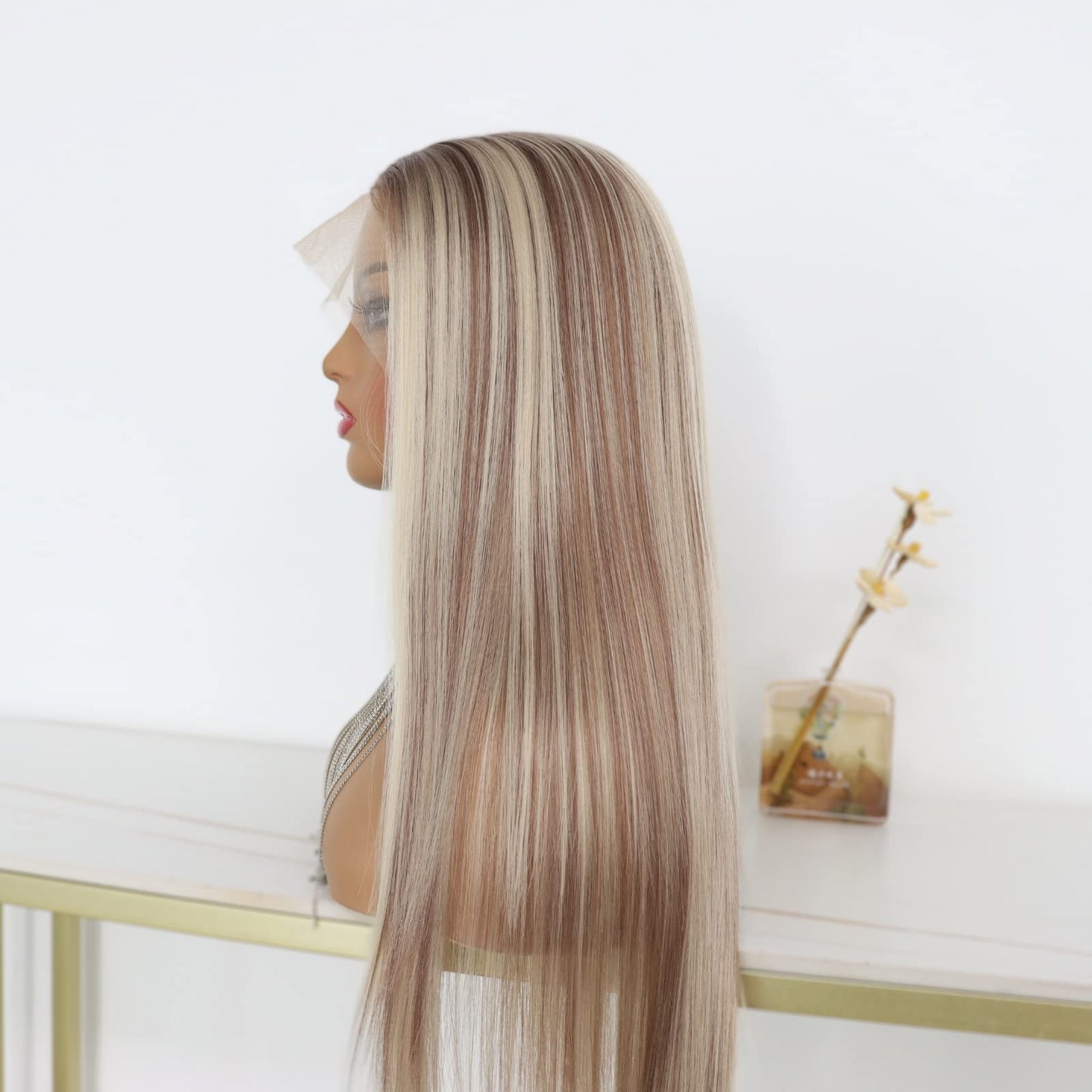MACA BAKA Highlight Ash Blonde Lace Front Wig Long Straight Glueless Ombre Brown Mixed Blonde 13x4 Synthetic Lace Front Wigs for Women 150 Density 24 Inches