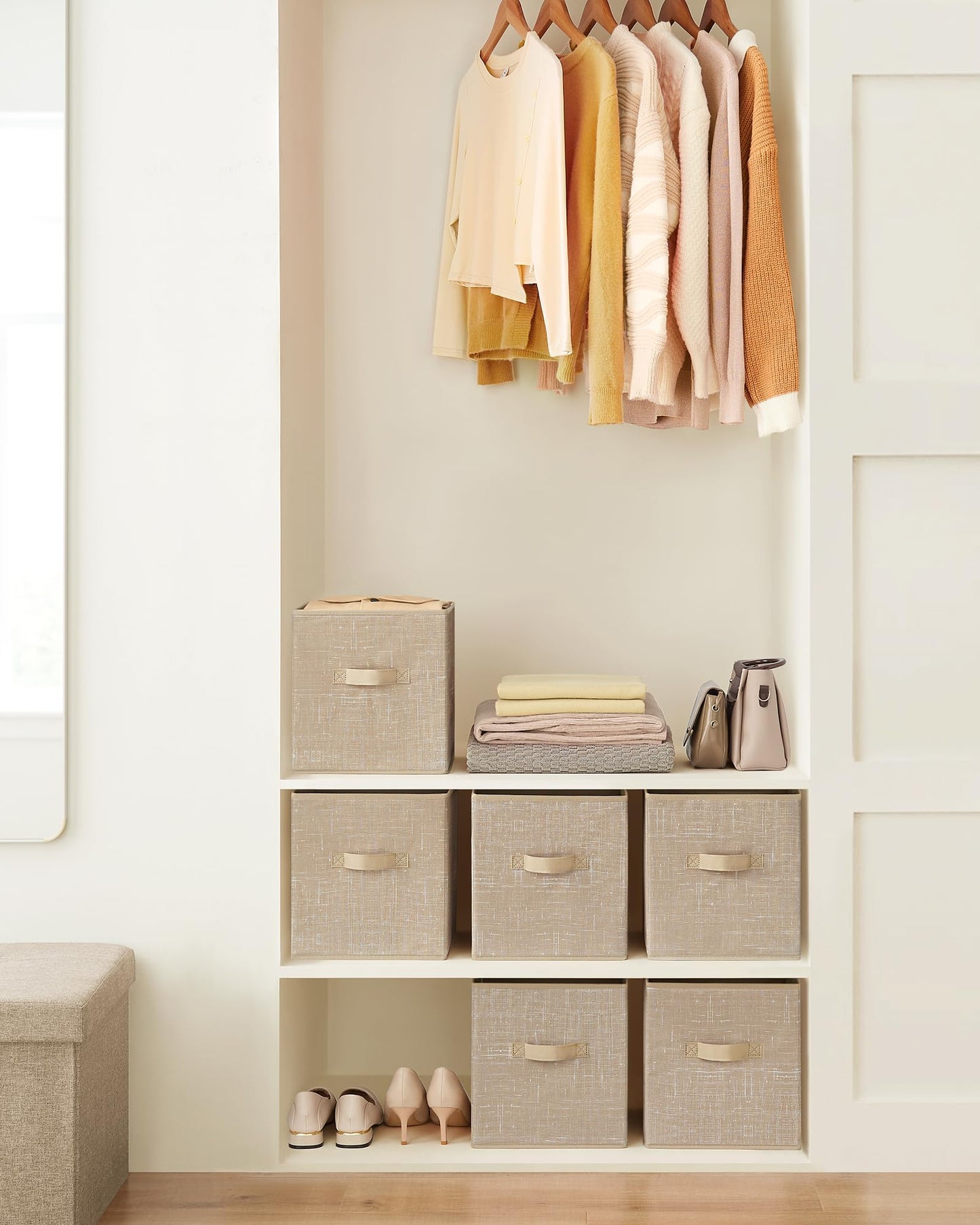SONGMICS Storage Cubes, 28 cm Non-Woven Fabric Bins with Double Handles, Set of 6, Closet Organizers for Shelves, Foldable, for Clothes, Sand Beige UROB026K03