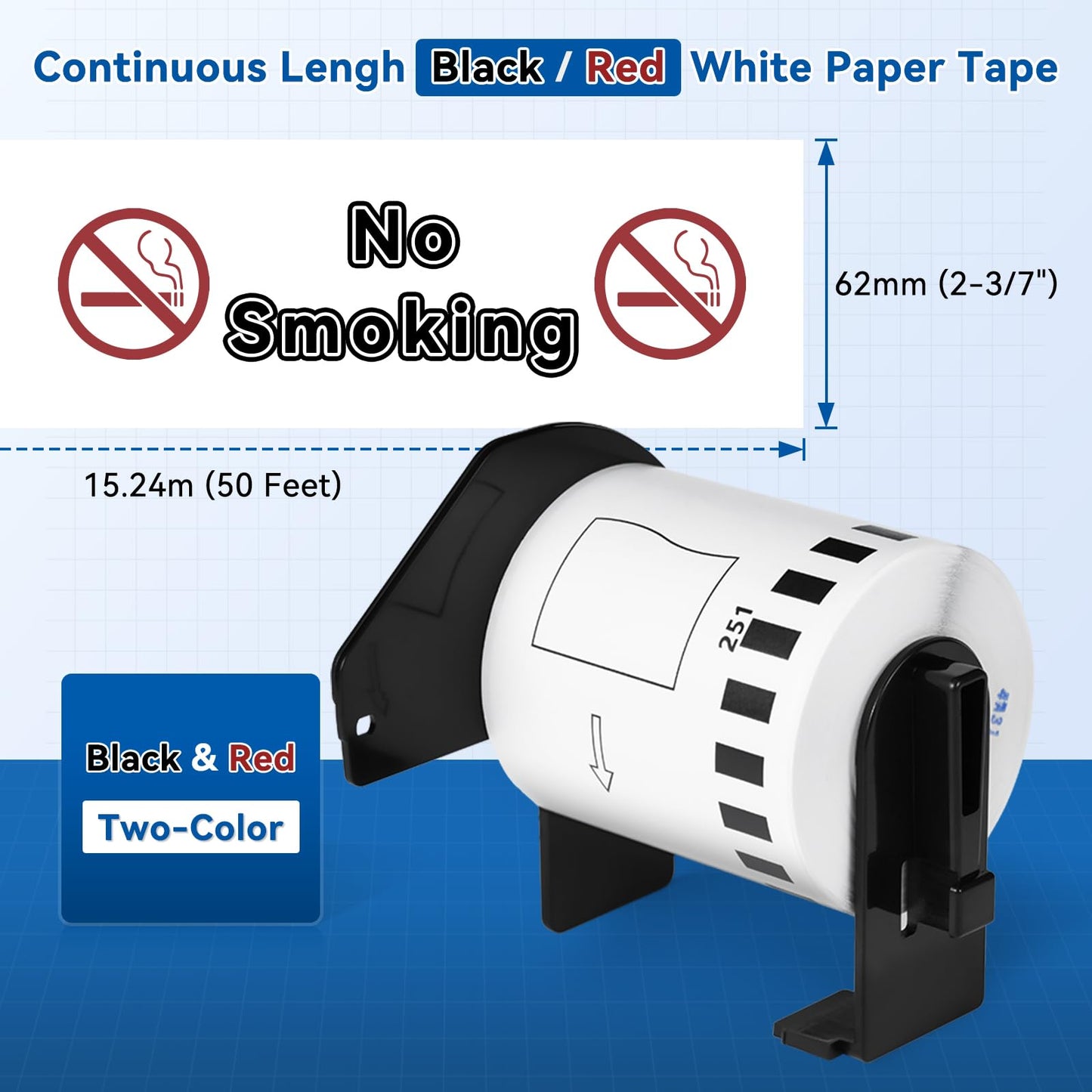 COLORWING DK-2251 Replace for Brother DK2251 Black/Red 2.4in x 50ft Continuous Length Labels White Paper Tape, 2-3/7" x 50' Use for Brother QL-800, QL-810W, QL-820NWB Printers, 3 Rolls+1 Frame