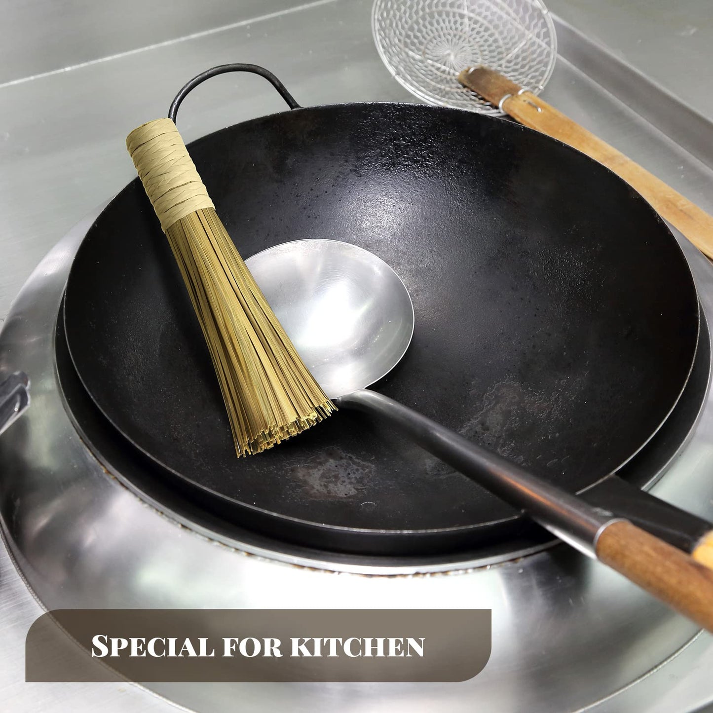 4 Pcs 12 Inches Bamboo Wok Brush Bamboo Kitchen Cleaning Brush Pot Scraper Scrubber Dish Pan for Cooking Skillet Grill Utensils Scrubbing