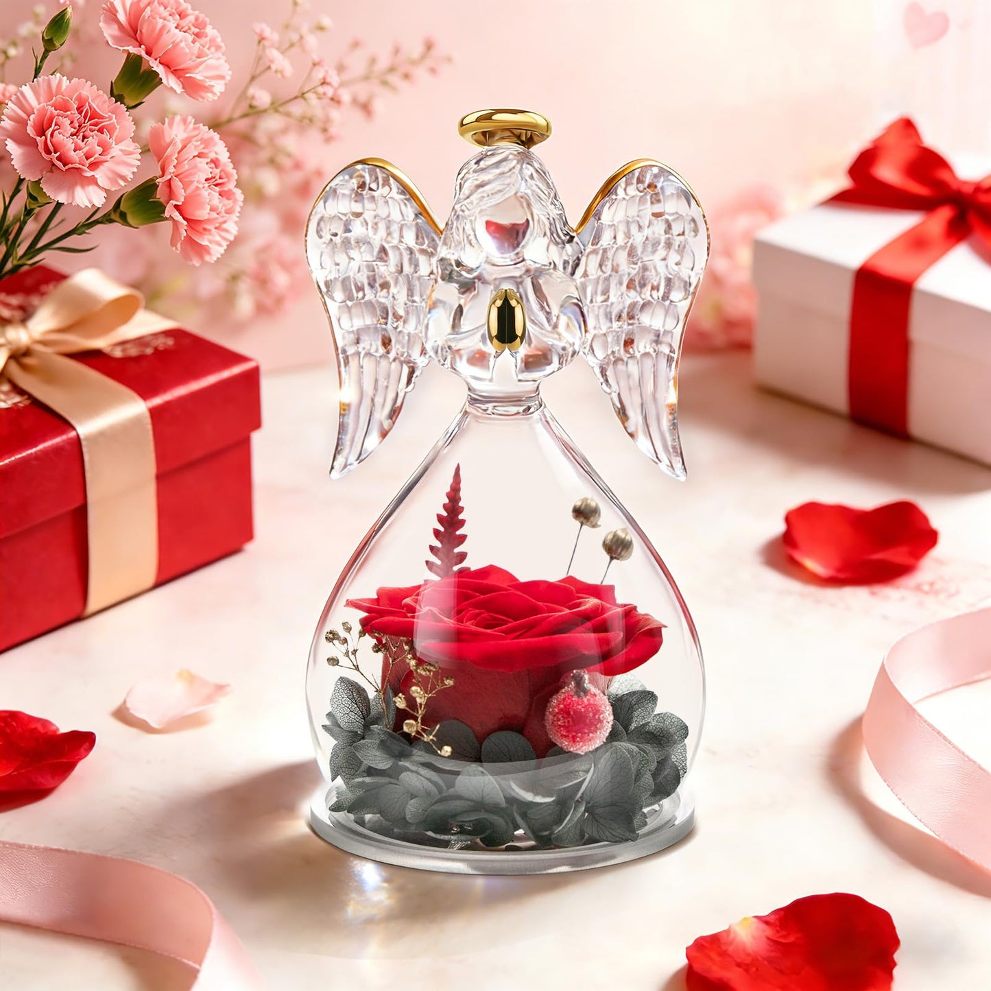 Miofula Preserved Flowers Rose Birthday Gifts for Women, Angel Figurines with Forever Real Rose Gifts for Mom Her Grandma,Unique Angels Gifts for Mothers Day Christmas Valentines Day Anniversary (Red)