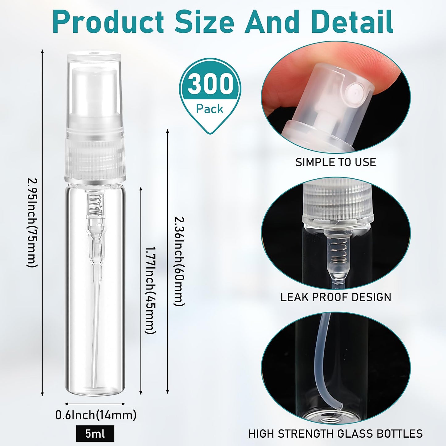 300 Pcs 5ml Mini Spray Bottles Clear Refillable Glass Perfume Bottles Fragrance Scent Sample Perfume Atomizer Glass Empty Travel Sprayer Pocket Dispenser Refillable Container