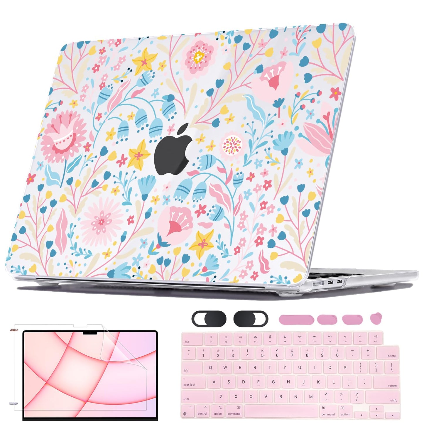 Seanai Compatible with MacBook Air 13.6 inch Case M5 A3449 M4 A3240 M3 A3113 M2 A2681 2026 2025 2024 2023 2022 Release Touch ID, Printed Pattern Plastic Hard Shell Case Keyboard Cover, Pink Flowers