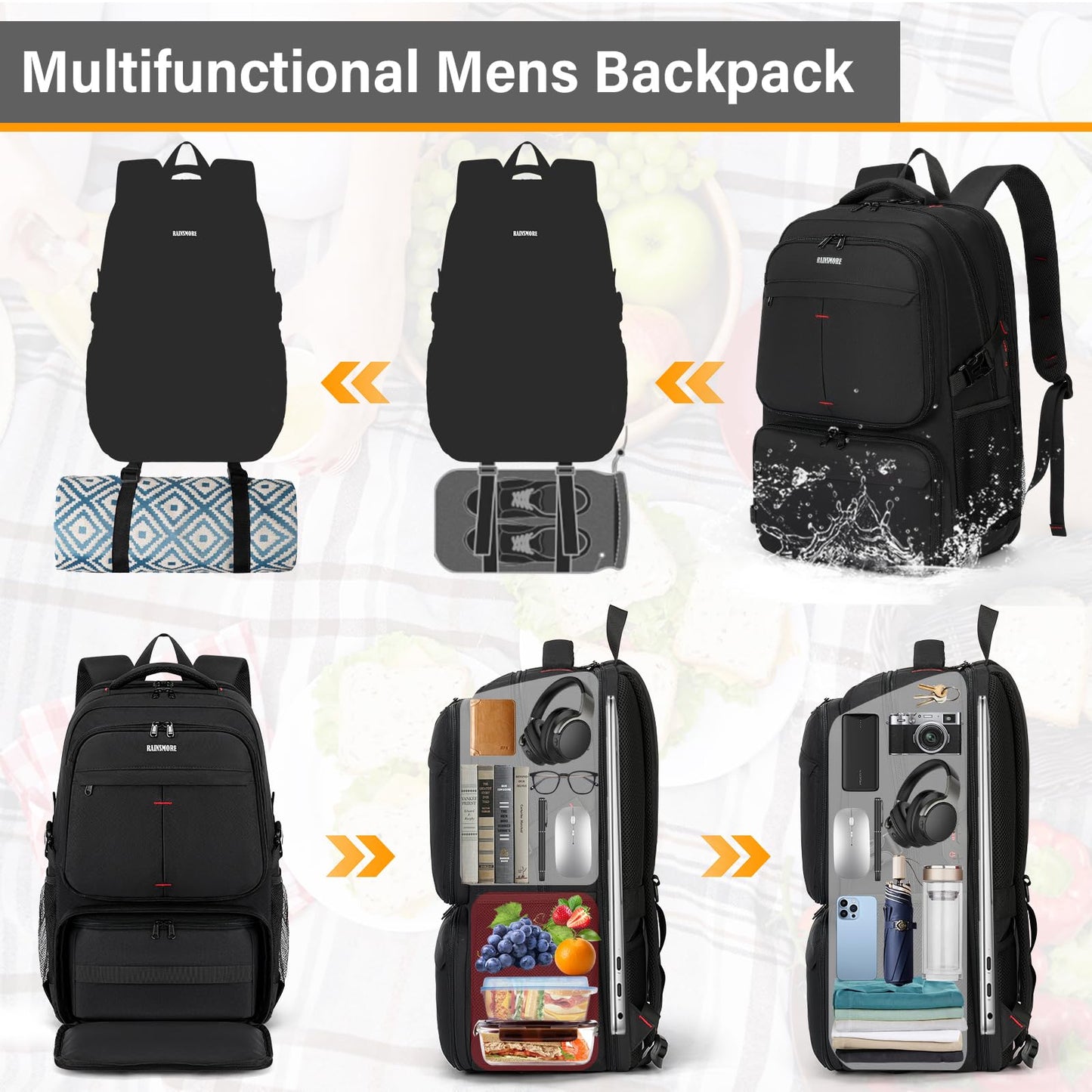 Lunch Backpack for Men, 17.3 Inch Laptop Backpack with USB Charging Port Waterproof Work Backpack with Insulated Lunch Bag for College School Business, Black