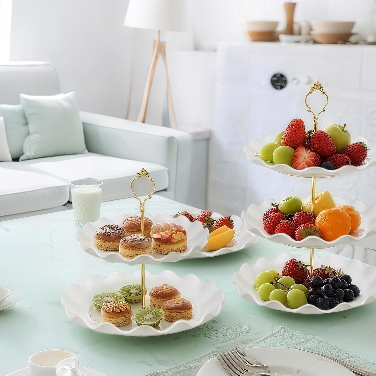 10 Pack Dessert Table Display Set, 4 Sets 3 Tier Cupcake Stand, 6 Pcs Food Serving Trays, Tiered White Plastic Cup Cake Tower for Birthday Baby Shower Wedding and Tea Party Supplies (10, Large)