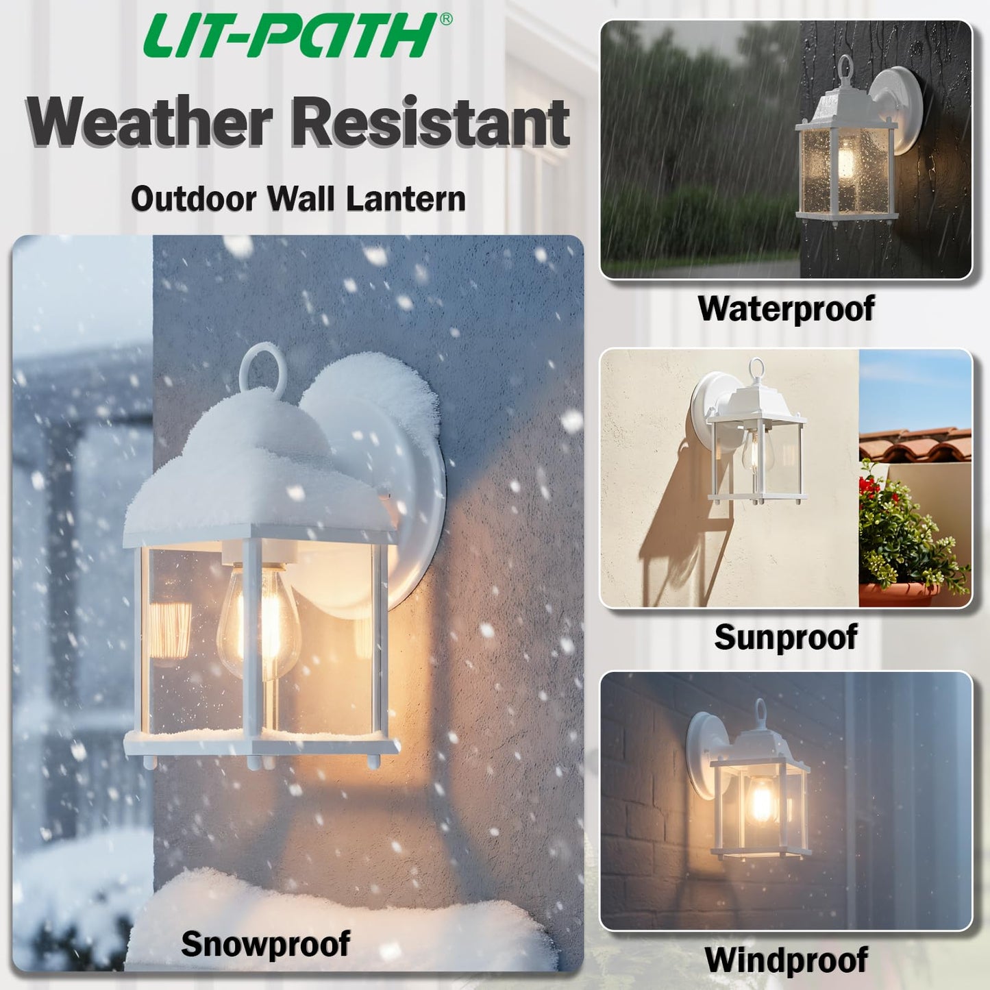 LIT-Path Outdoor Wall Lantern, Wall Sconce as Porch Lighting Fixture, E26 Base, Aluminum Housing Plus Glass, Water-Proof and Outdoor Rated, ETL Qualified, 2-Pack, White